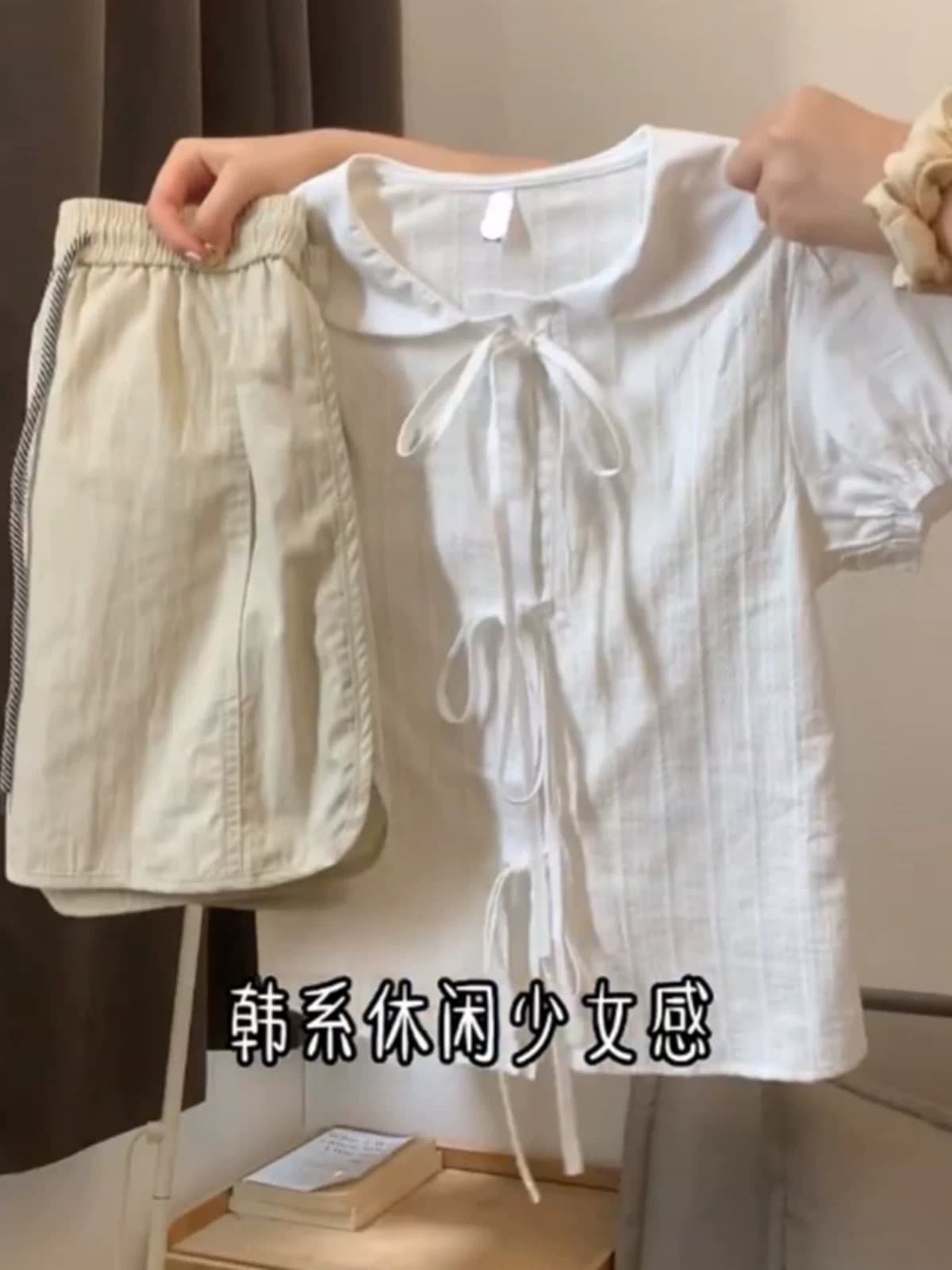 나비 넥타이 베이비 칼라 셔츠 맨위 여성 상세 이미지 3