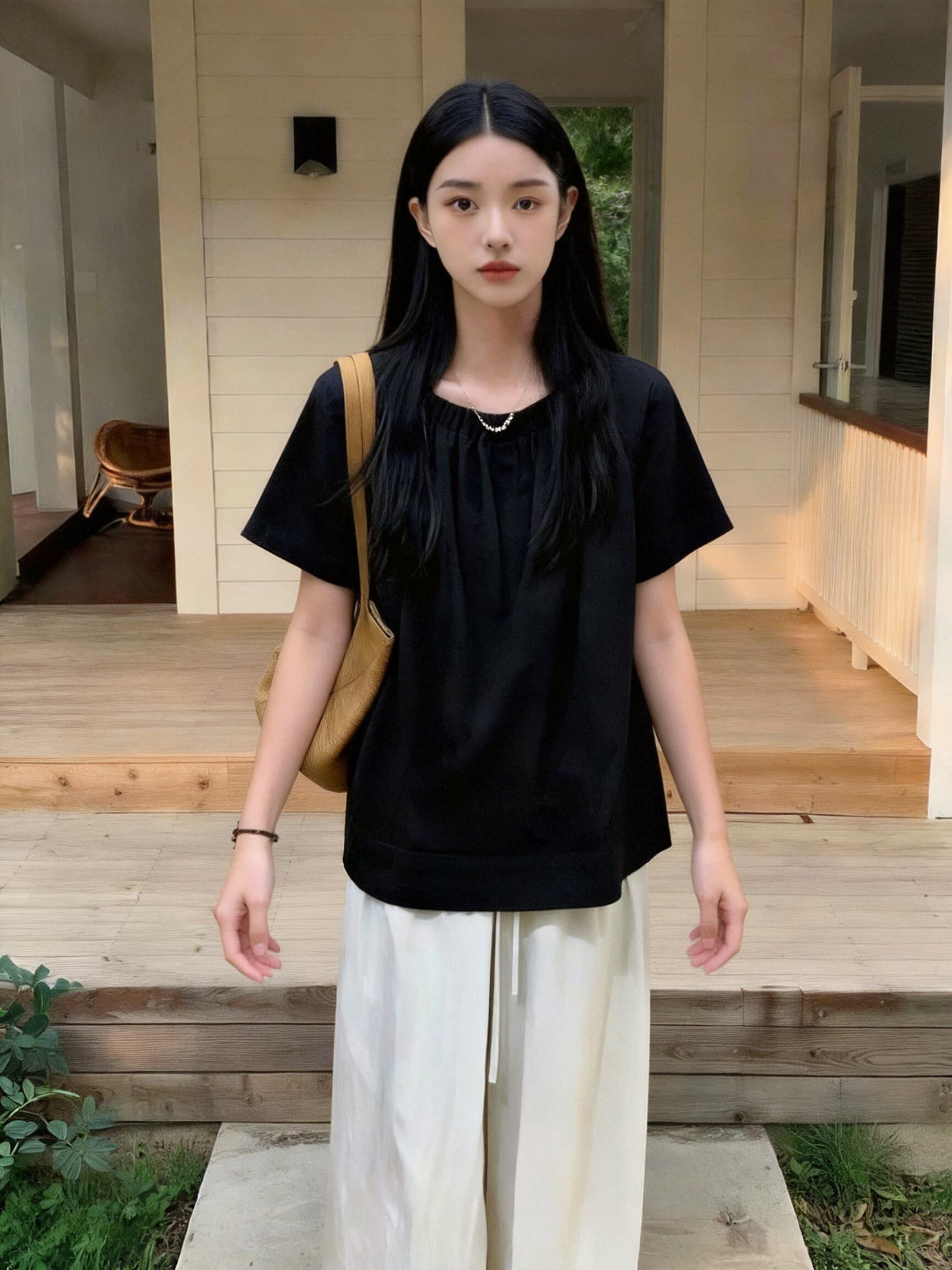 뒤로 단추 주름 인형 셔츠 맨위 여성 상세 이미지 2