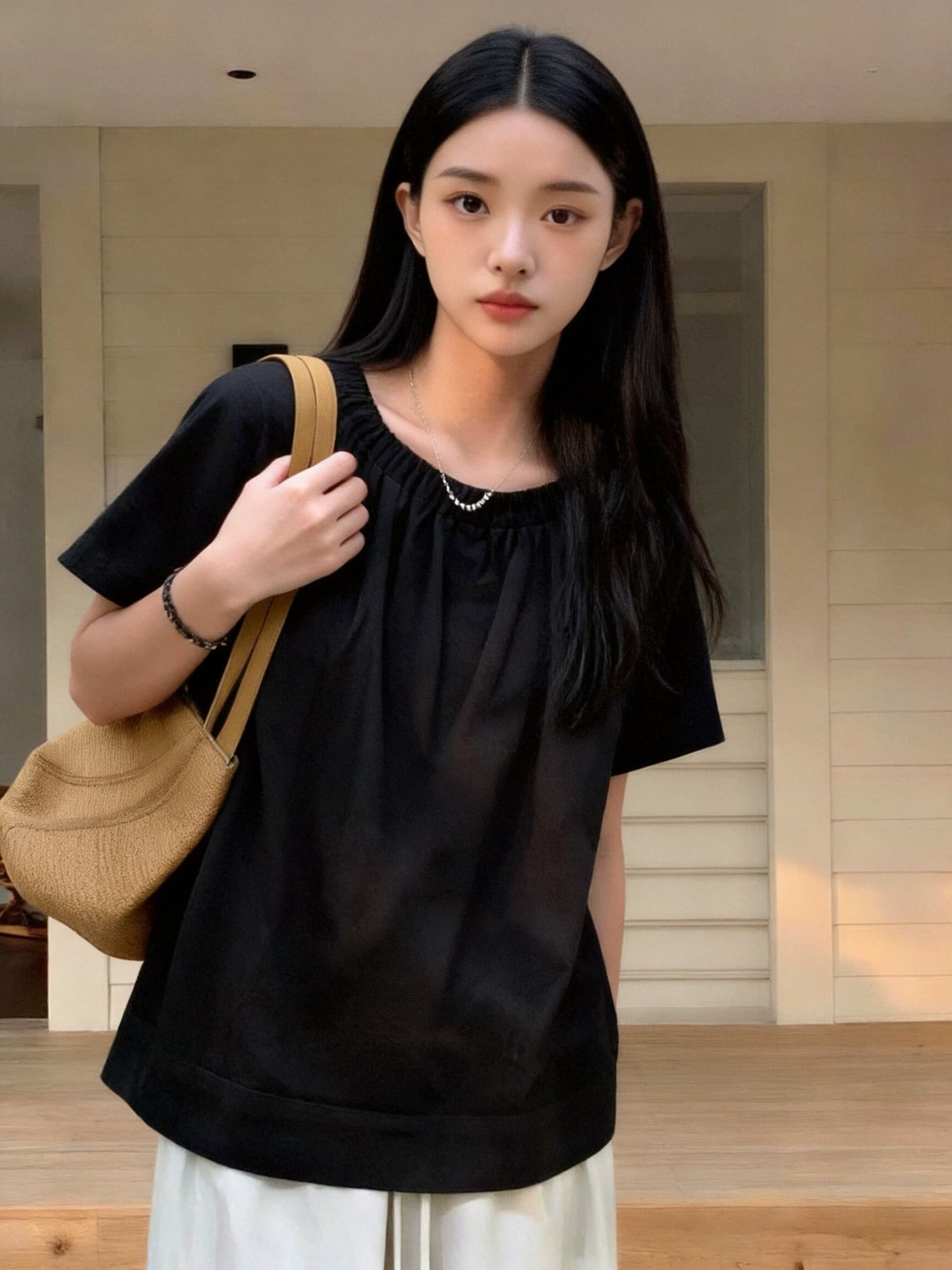 뒤로 단추 주름 인형 셔츠 맨위 여성 상세 이미지 7