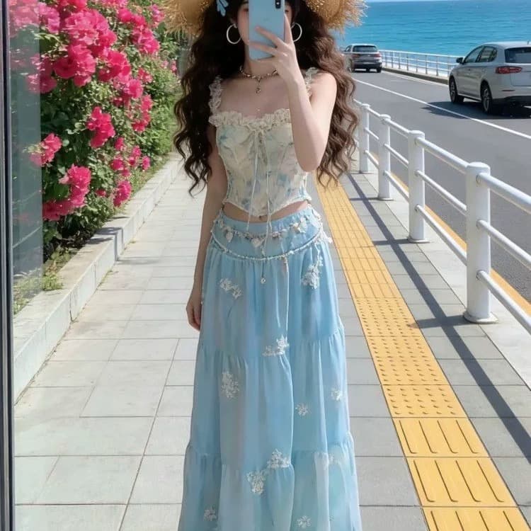 레이스 레이스 파란색 꽃무늬 맨위 여성 이미지 2