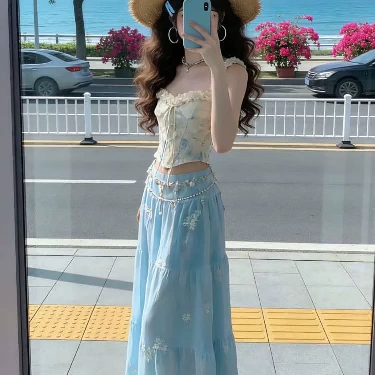 레이스 레이스 파란색 꽃무늬 맨위 여성 이미지 5