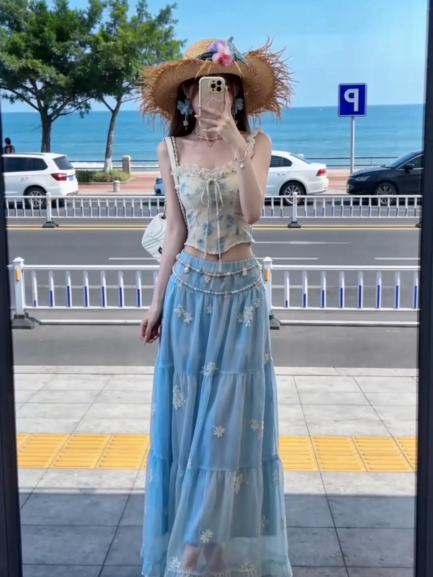 레이스 레이스 파란색 꽃무늬 맨위 여성 상세 이미지 2