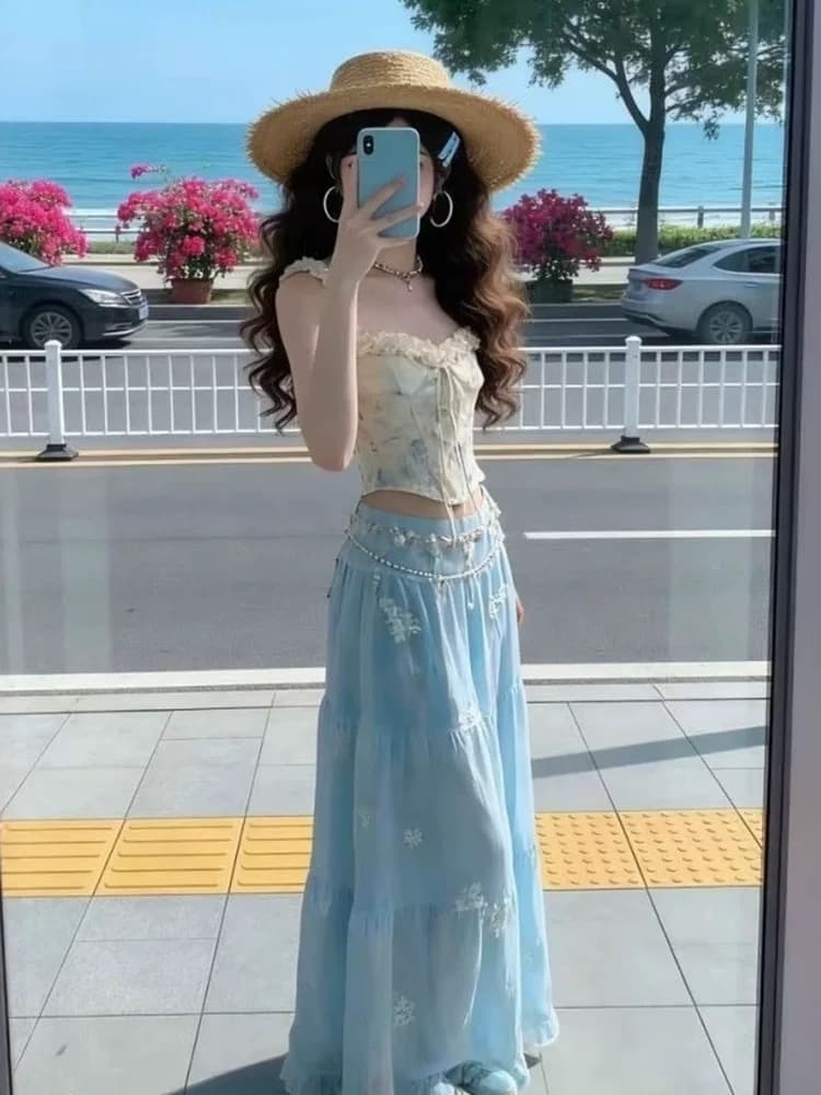 레이스 레이스 파란색 꽃무늬 맨위 여성 상세 이미지 6