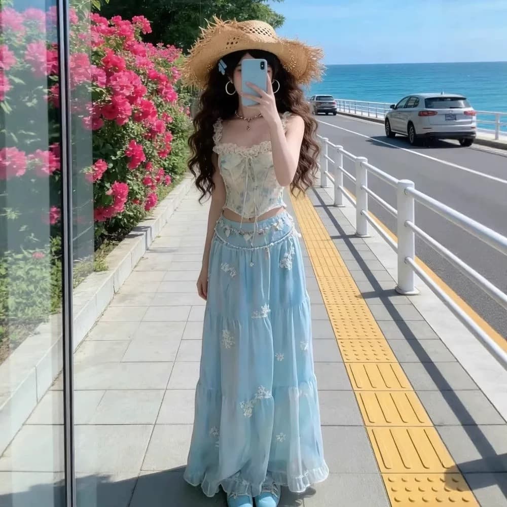 레이스 레이스 파란색 꽃무늬 맨위 여성 상세 이미지 8