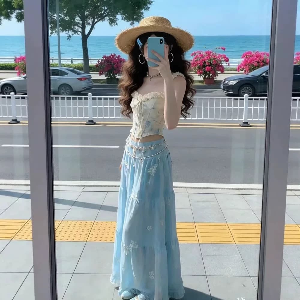 레이스 레이스 파란색 꽃무늬 맨위 여성 상세 이미지 9