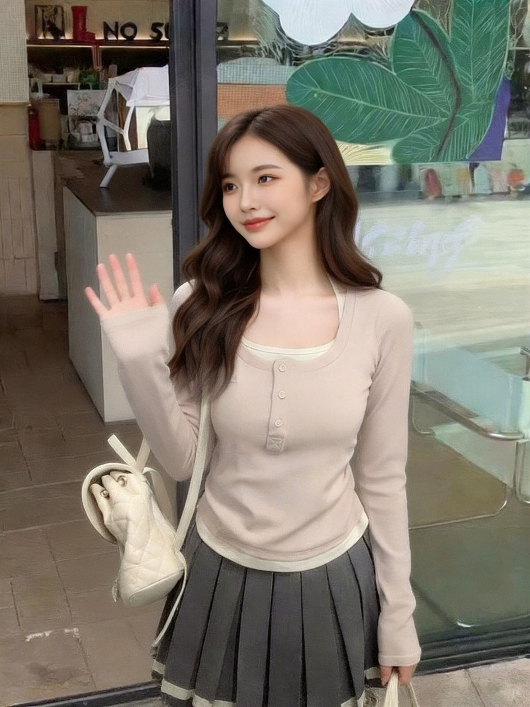 페이크 레이어드 자수 주름 맨위 여성 이미지 2