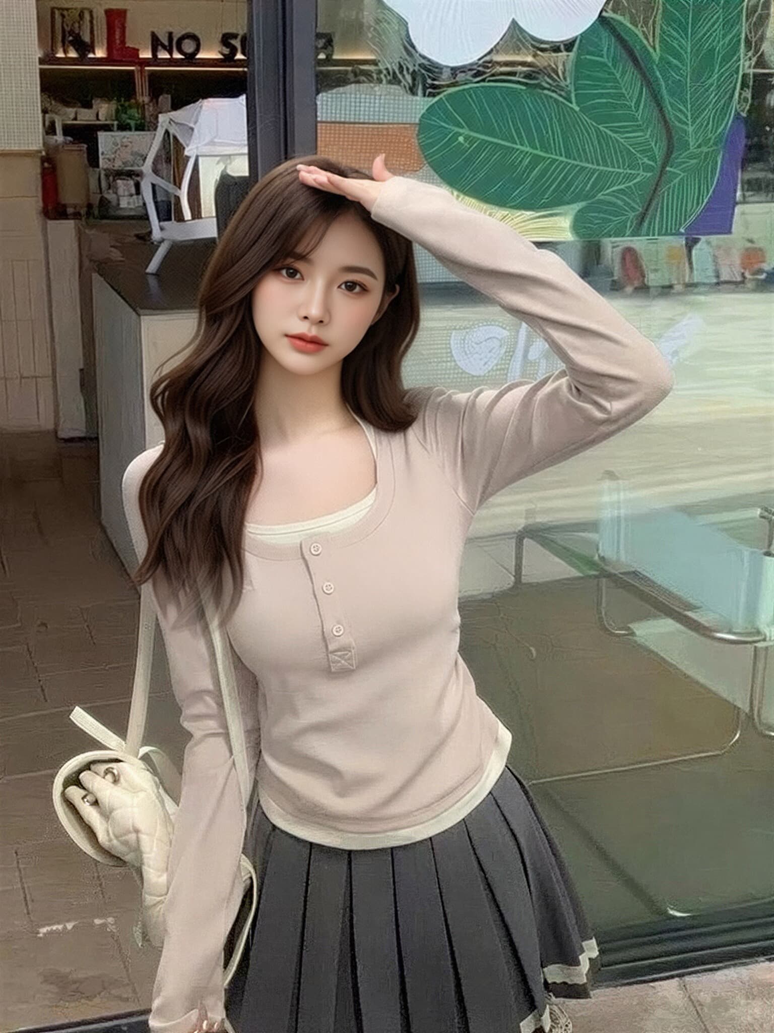페이크 레이어드 자수 주름 맨위 여성 상세 이미지 2