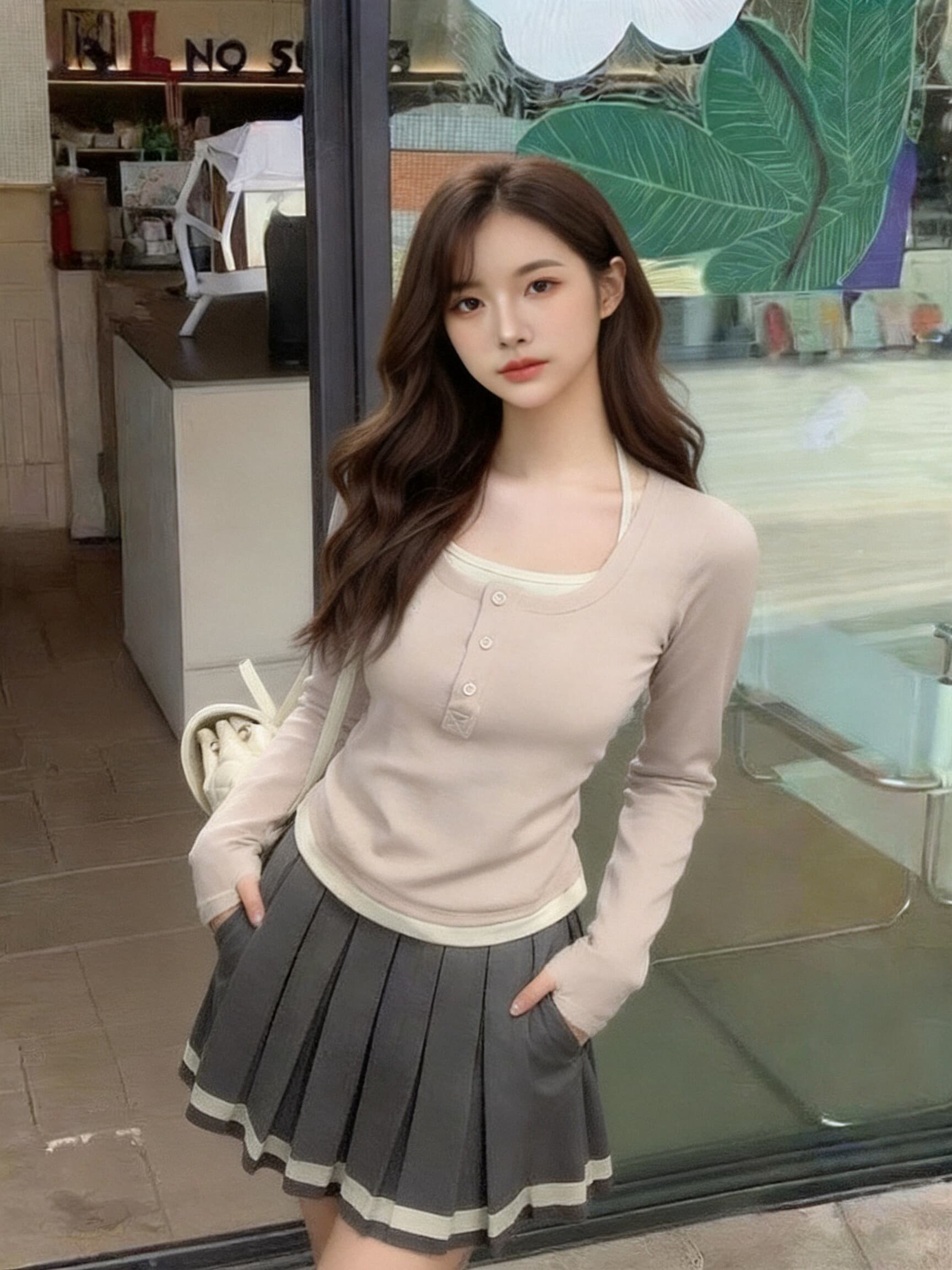 페이크 레이어드 자수 주름 맨위 여성 상세 이미지 6