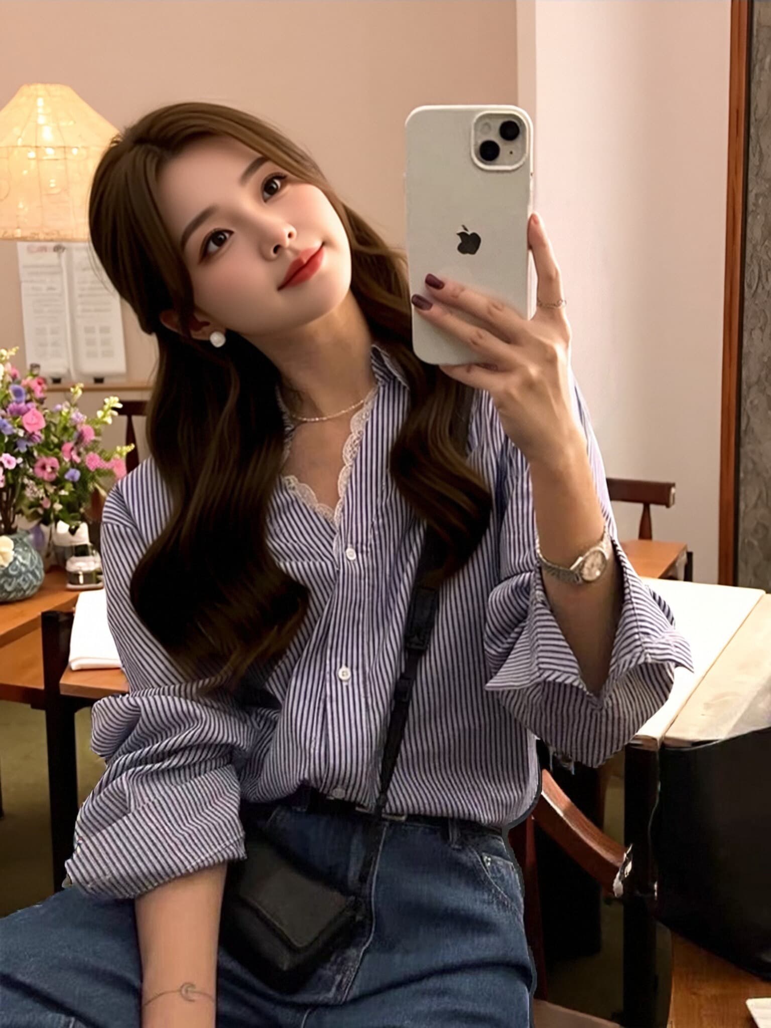 가을 레이스 조각 스트라이프 여성 셔츠 이미지 2
