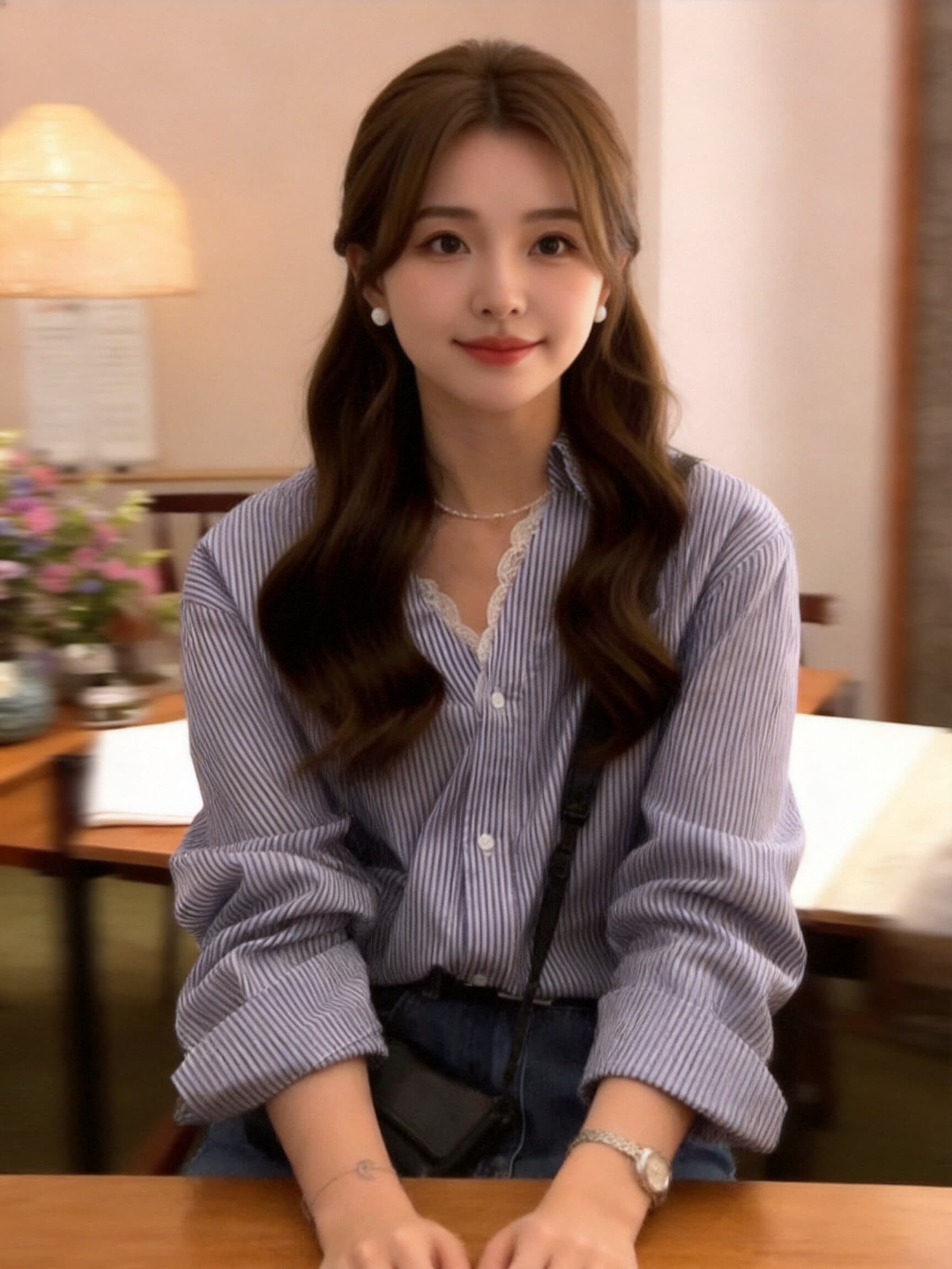 가을 레이스 조각 스트라이프 여성 셔츠 이미지 3