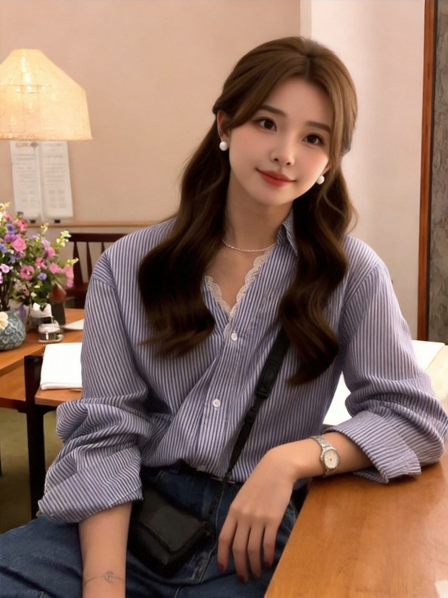 가을 레이스 조각 스트라이프 여성 셔츠 상세 이미지 2