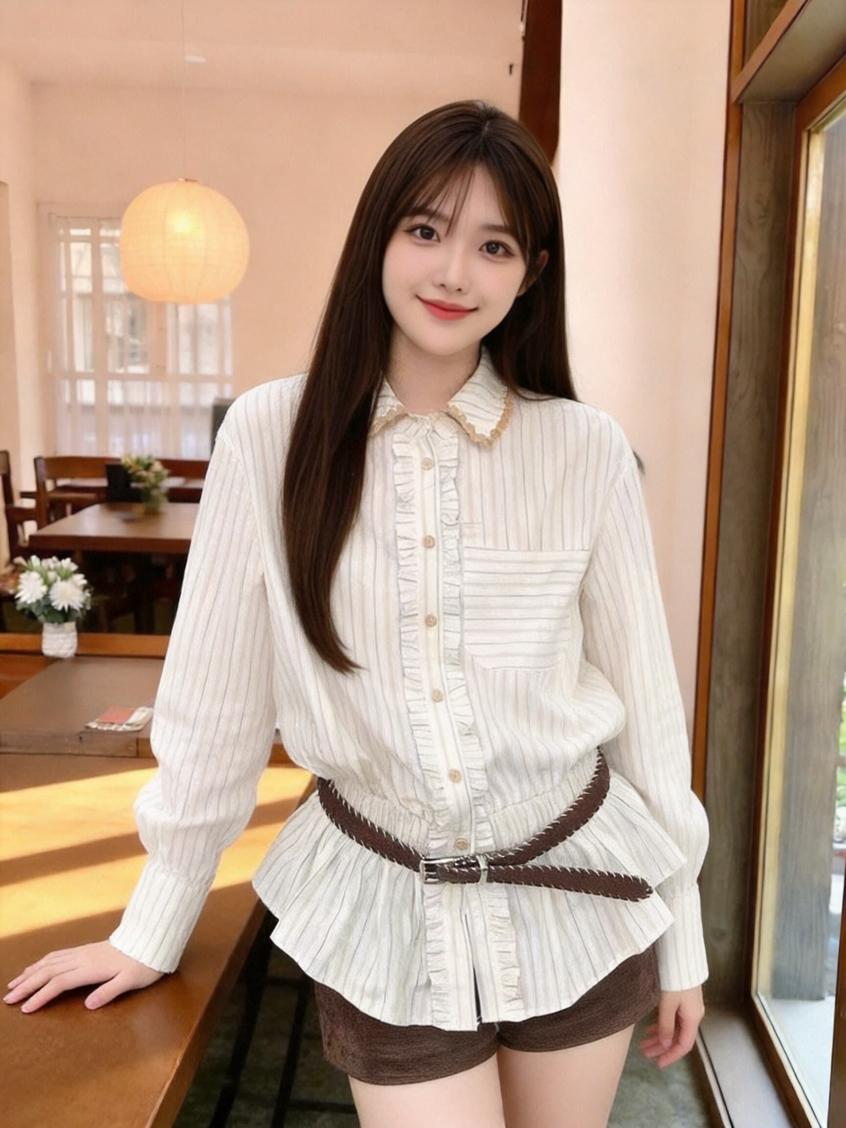 가을 허리 수축 스트라이프 셔츠 셔츠 맨위 여성 이미지 2