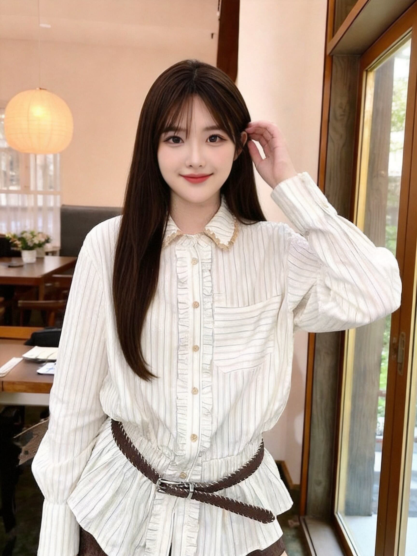 가을 허리 수축 스트라이프 셔츠 셔츠 맨위 여성 상세 이미지 4