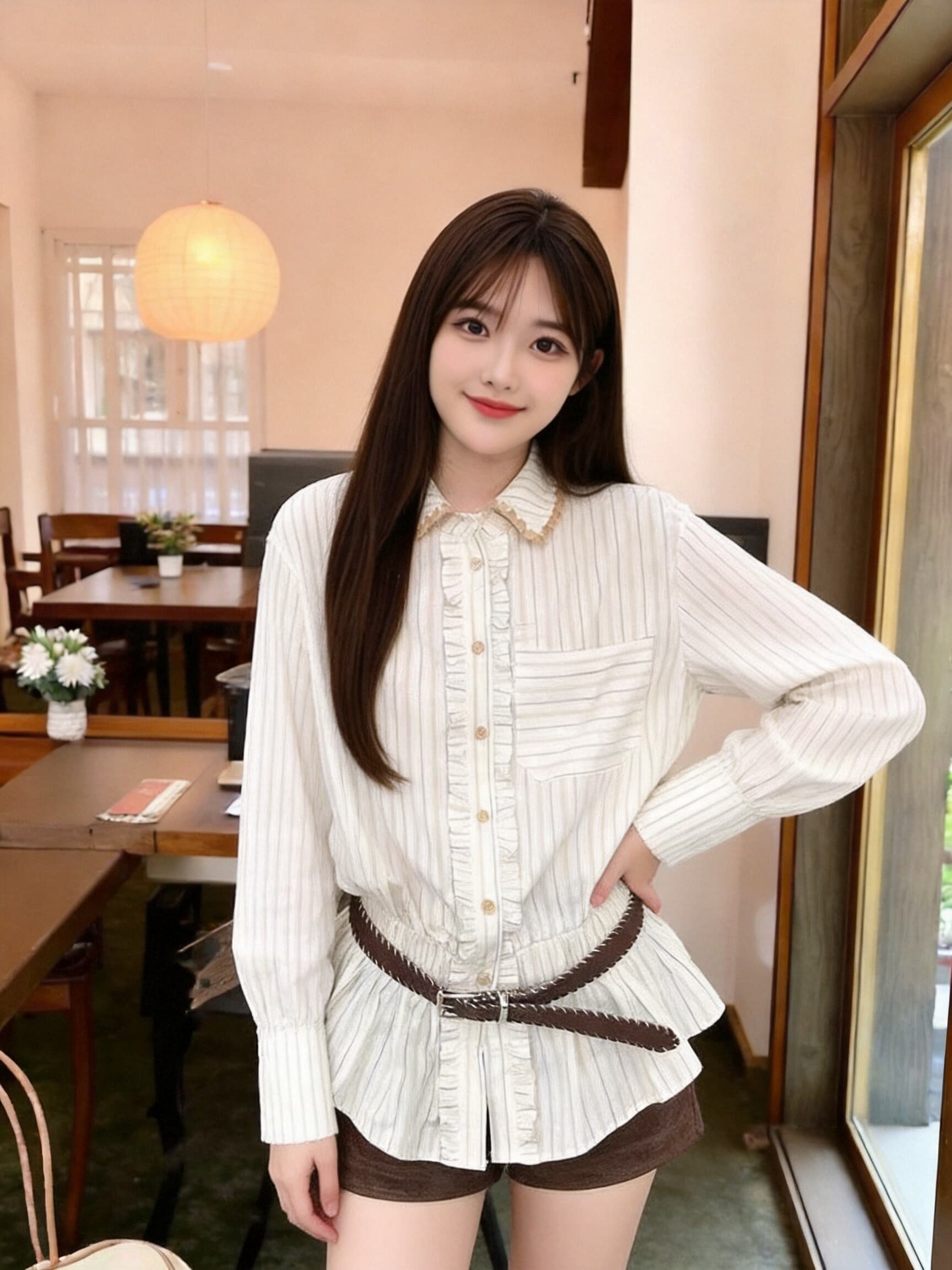 가을 허리 수축 스트라이프 셔츠 셔츠 맨위 여성 상세 이미지 5
