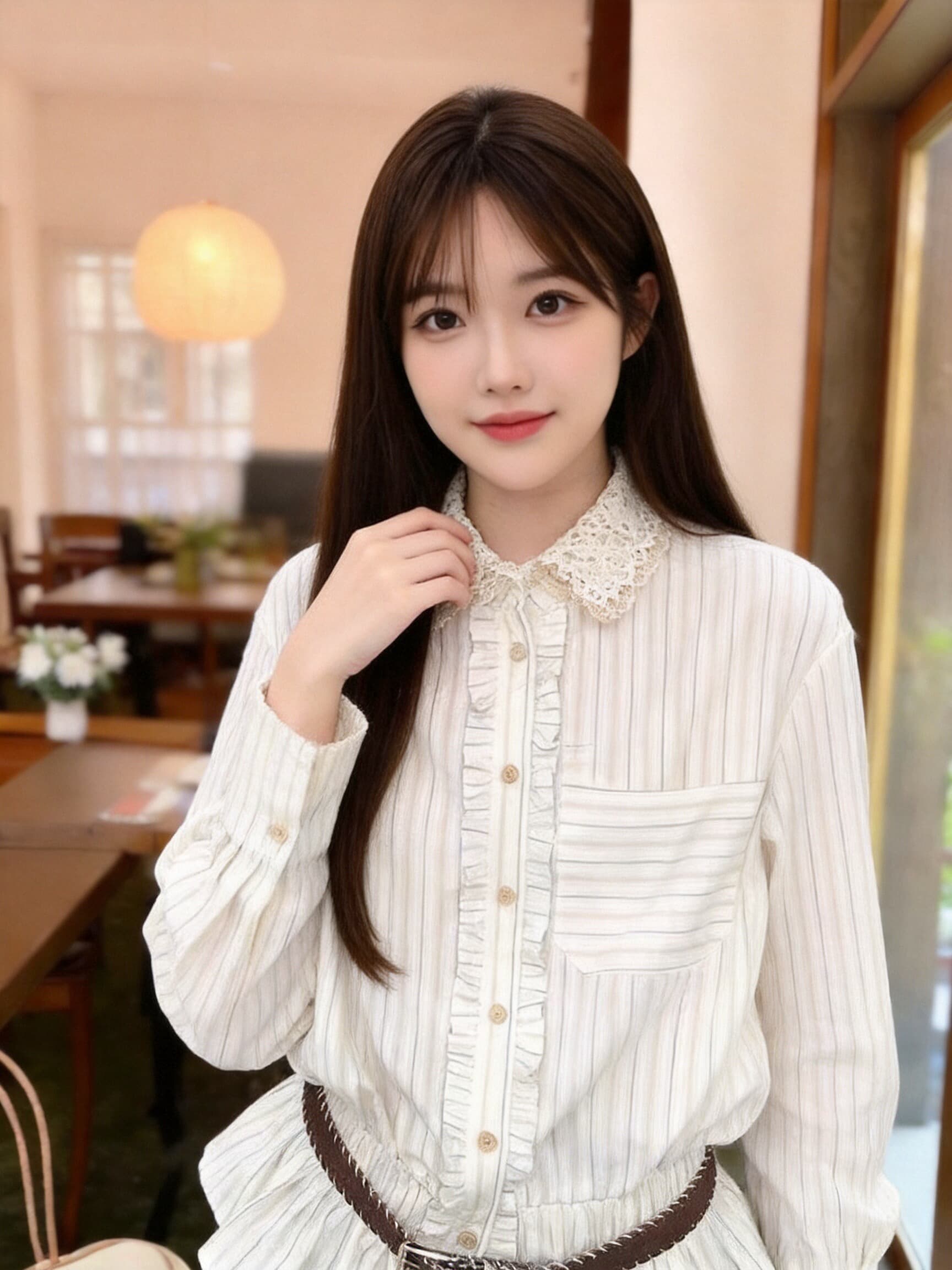 가을 허리 수축 스트라이프 셔츠 셔츠 맨위 여성 상세 이미지 6