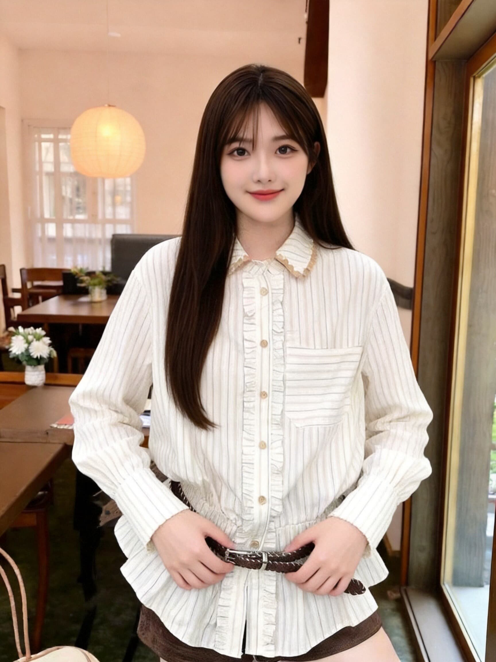 가을 허리 수축 스트라이프 셔츠 셔츠 맨위 여성 상세 이미지 7
