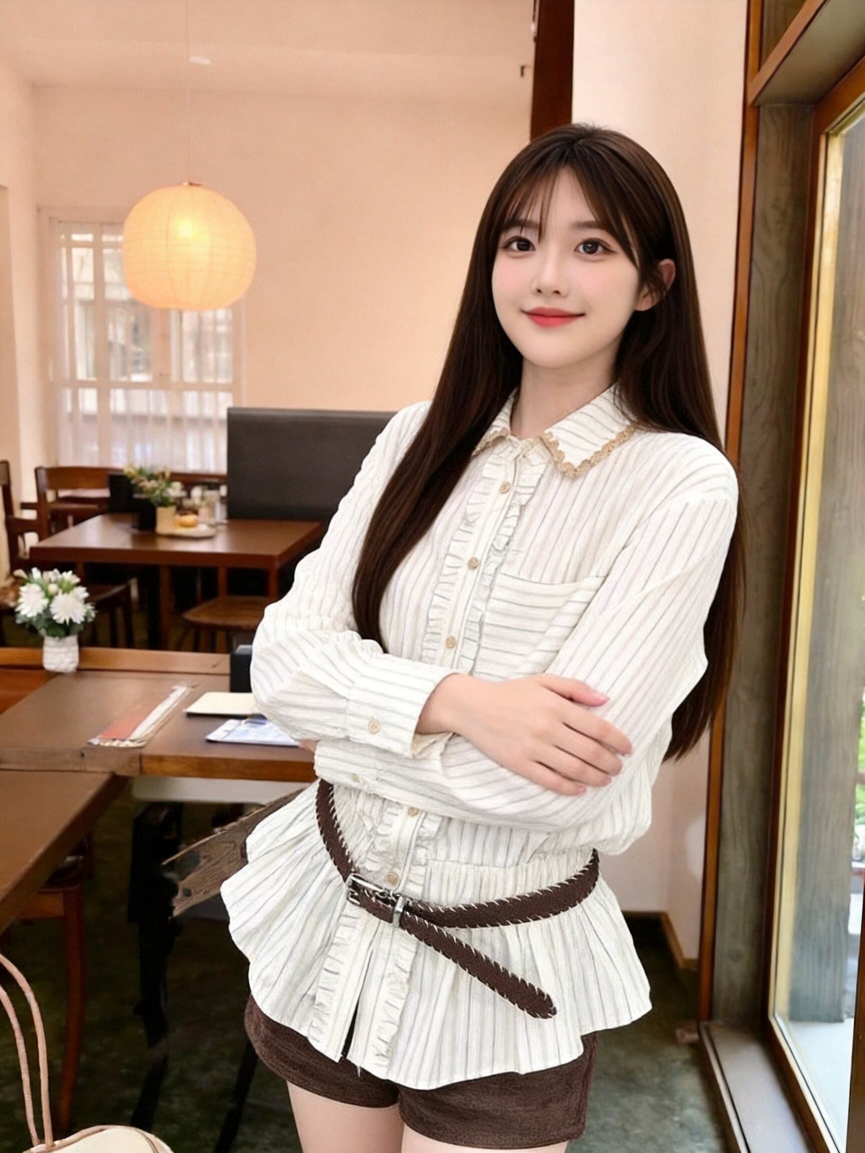 가을 허리 수축 스트라이프 셔츠 셔츠 맨위 여성 상세 이미지 8