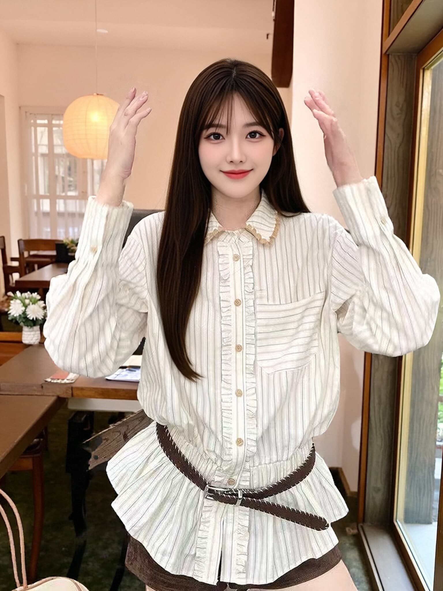 가을 허리 수축 스트라이프 셔츠 셔츠 맨위 여성 상세 이미지 9