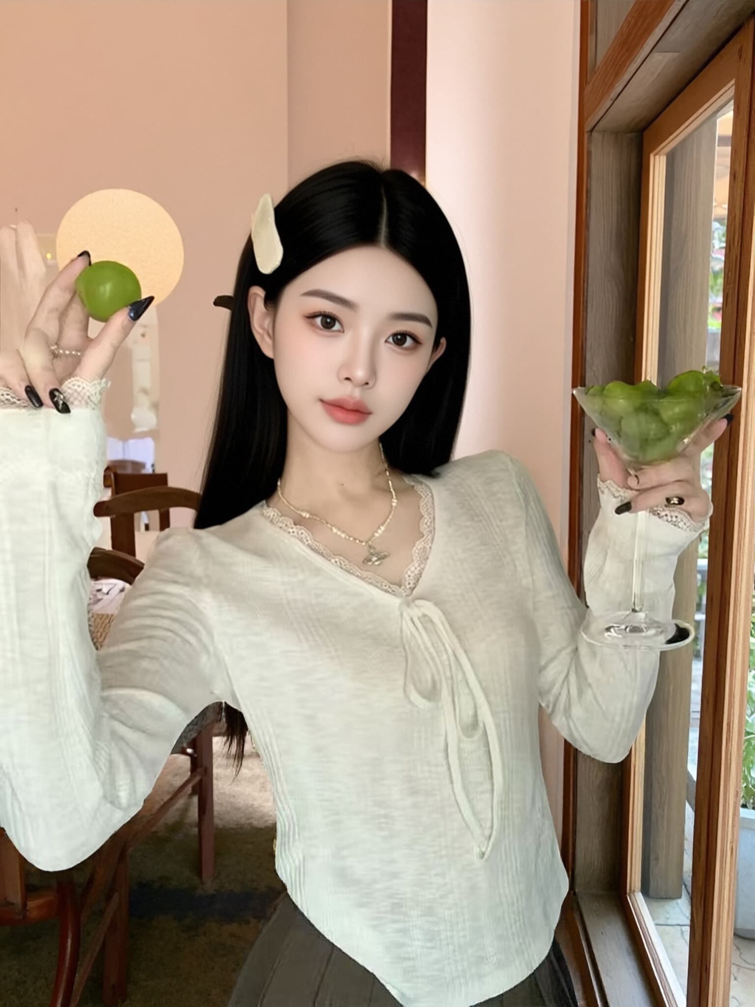 가을 레이스 조각 티셔츠 맨위 여성 이미지 2