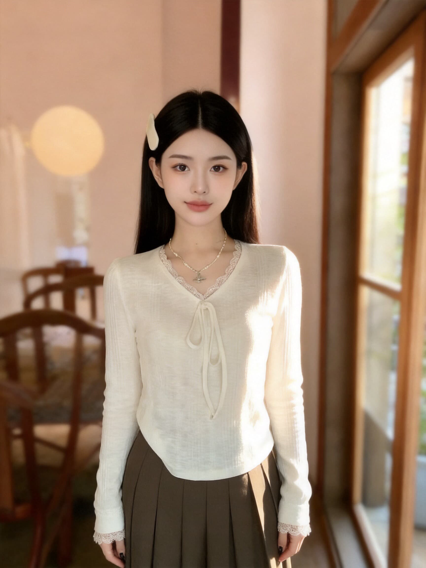 가을 레이스 조각 티셔츠 맨위 여성 이미지 4