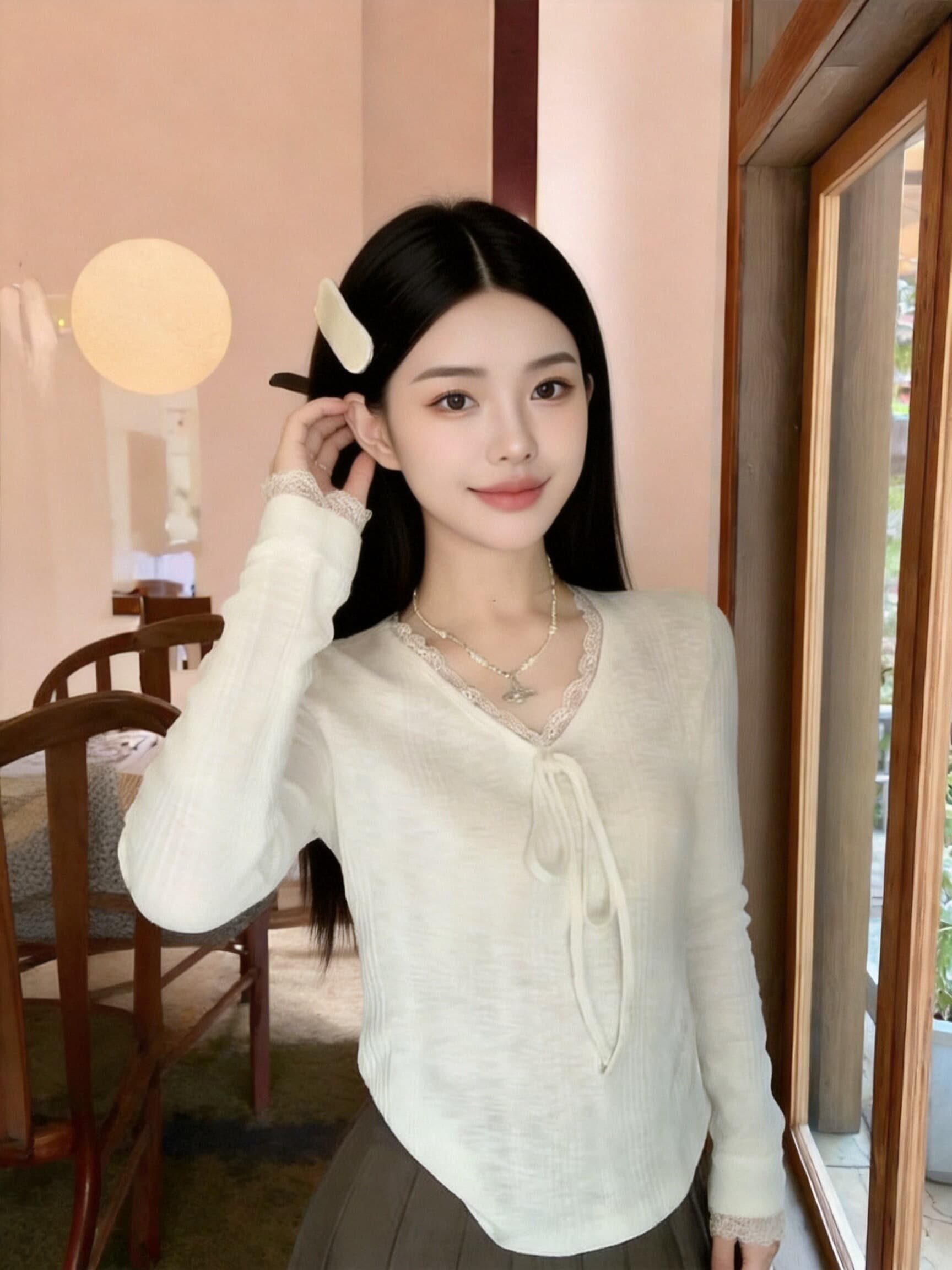 가을 레이스 조각 티셔츠 맨위 여성 이미지 5