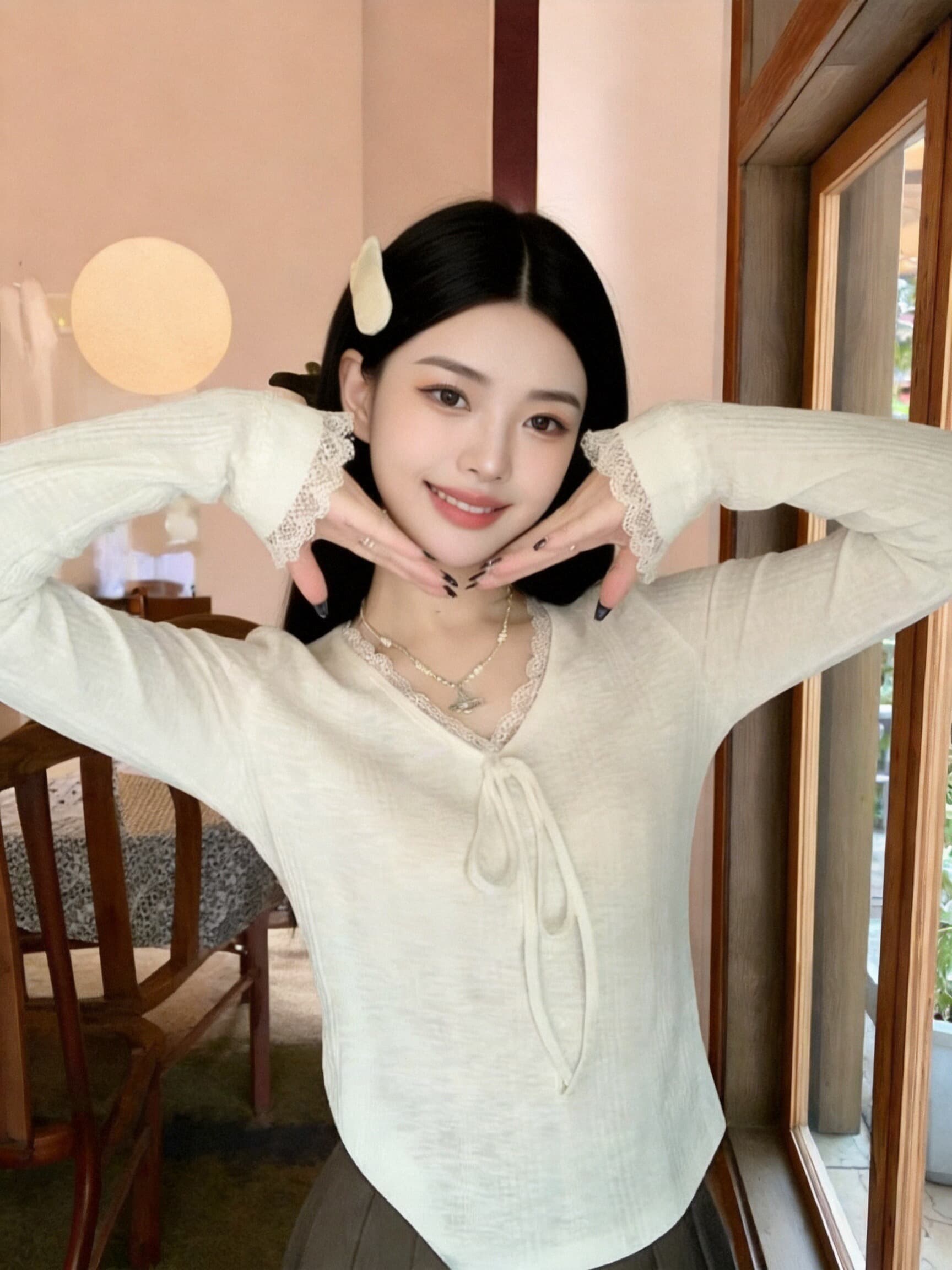 가을 레이스 조각 티셔츠 맨위 여성 상세 이미지 3