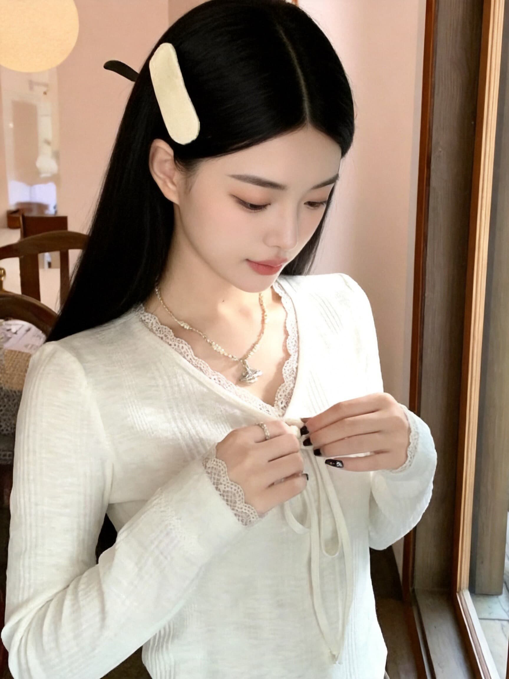 가을 레이스 조각 티셔츠 맨위 여성 상세 이미지 4