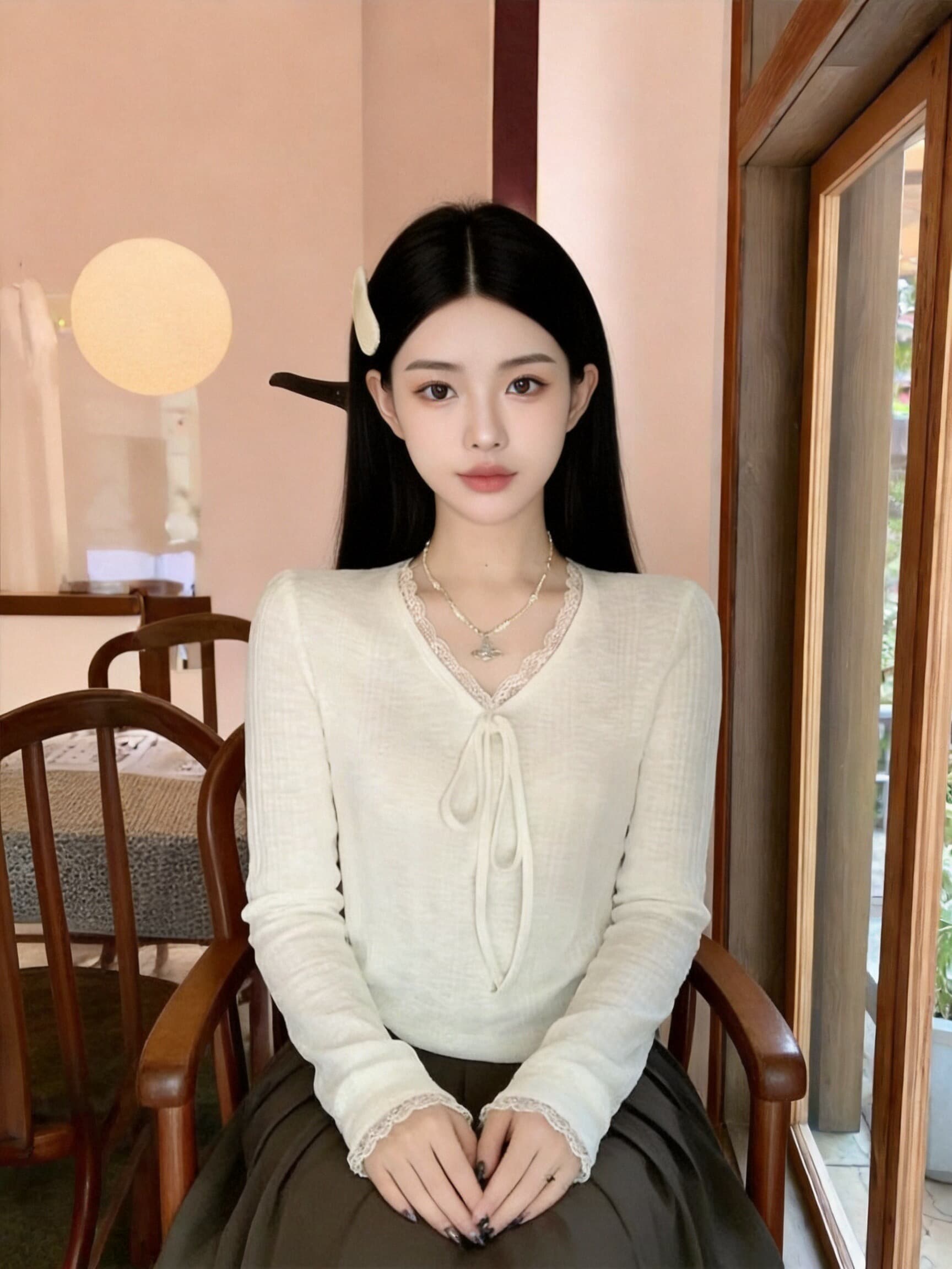 가을 레이스 조각 티셔츠 맨위 여성 상세 이미지 6