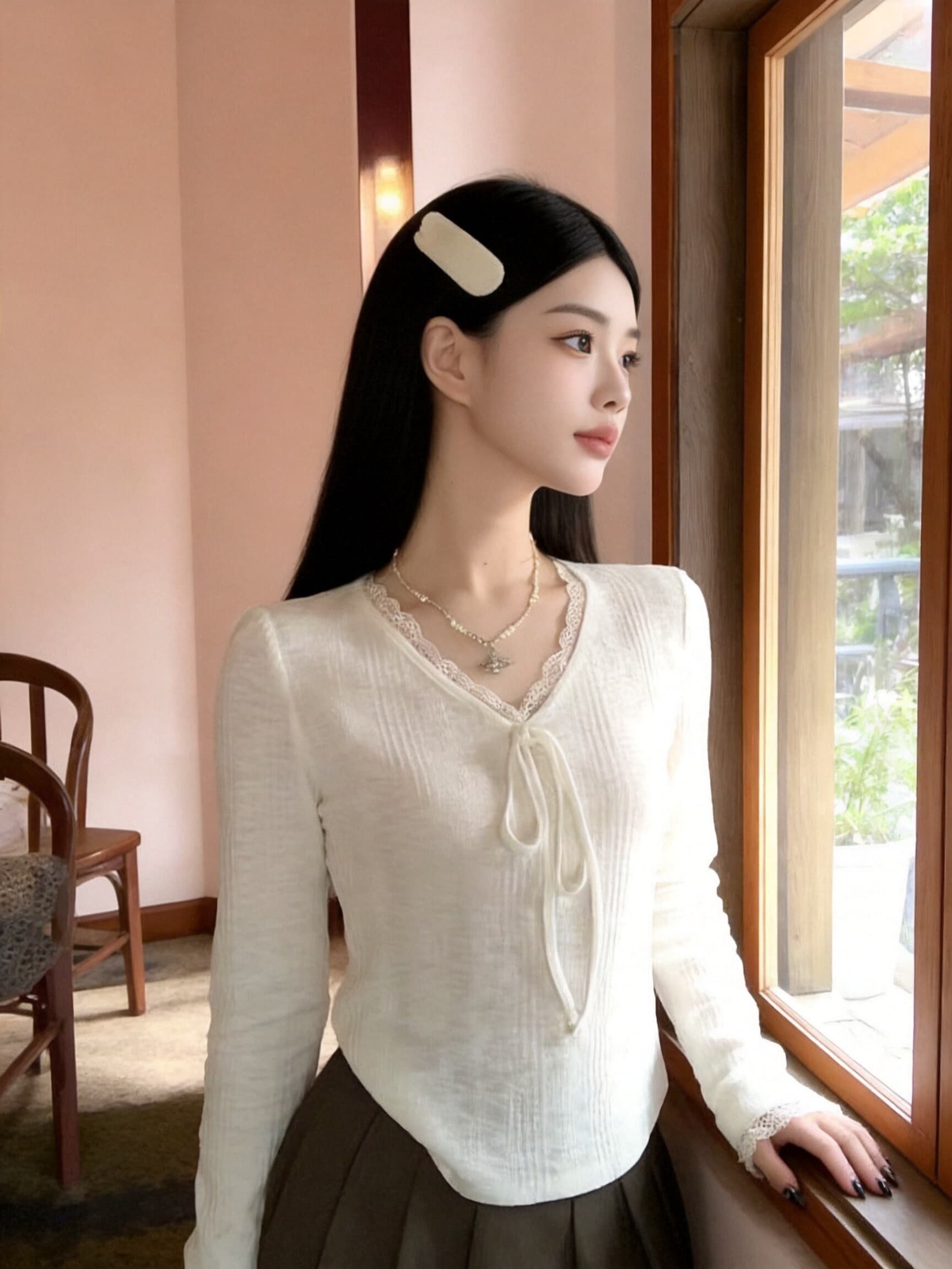 가을 레이스 조각 티셔츠 맨위 여성 상세 이미지 7
