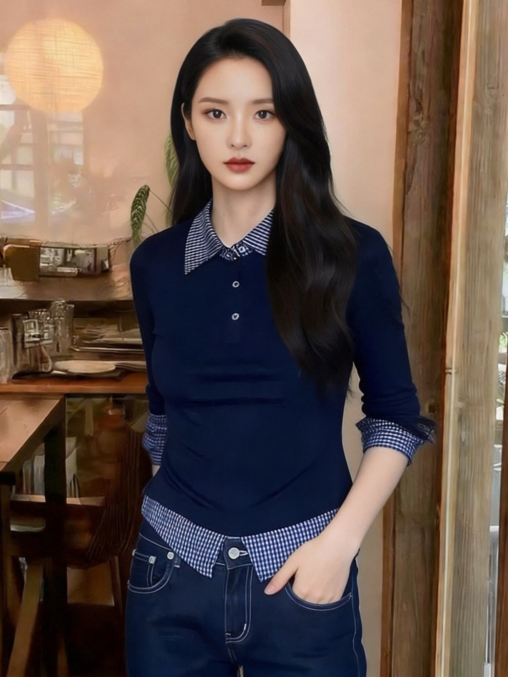 가을 페이크 레이어드 패치워크 셔츠 맨위 여성 이미지 2