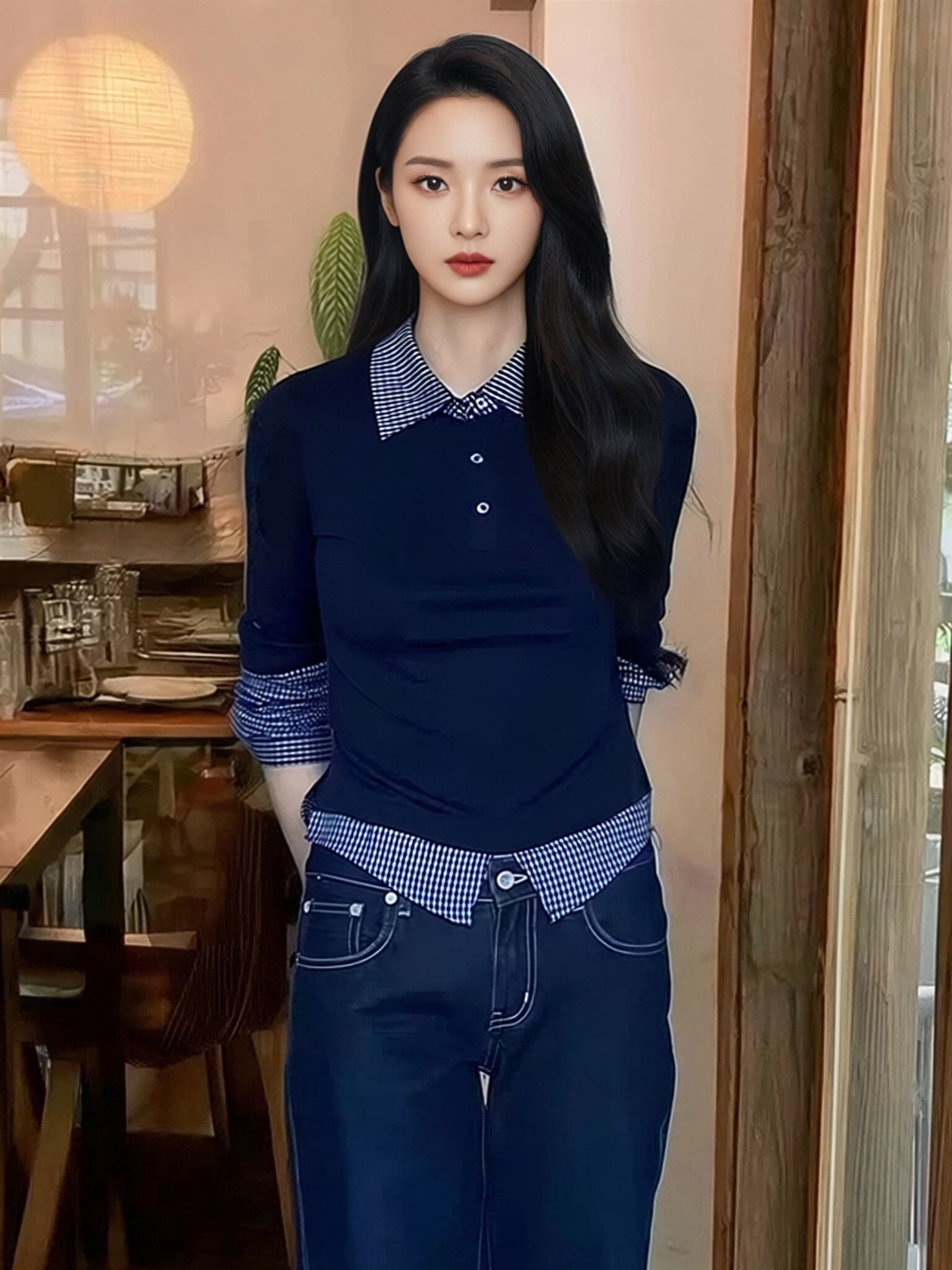 가을 페이크 레이어드 패치워크 셔츠 맨위 여성 이미지 5