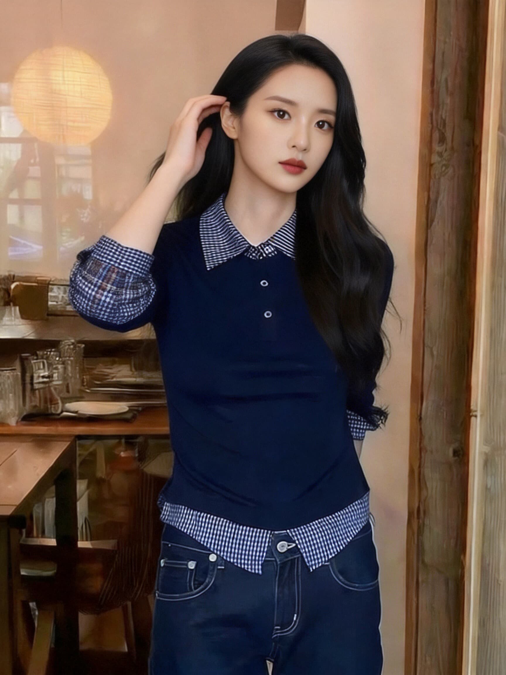 가을 페이크 레이어드 패치워크 셔츠 맨위 여성 상세 이미지 5