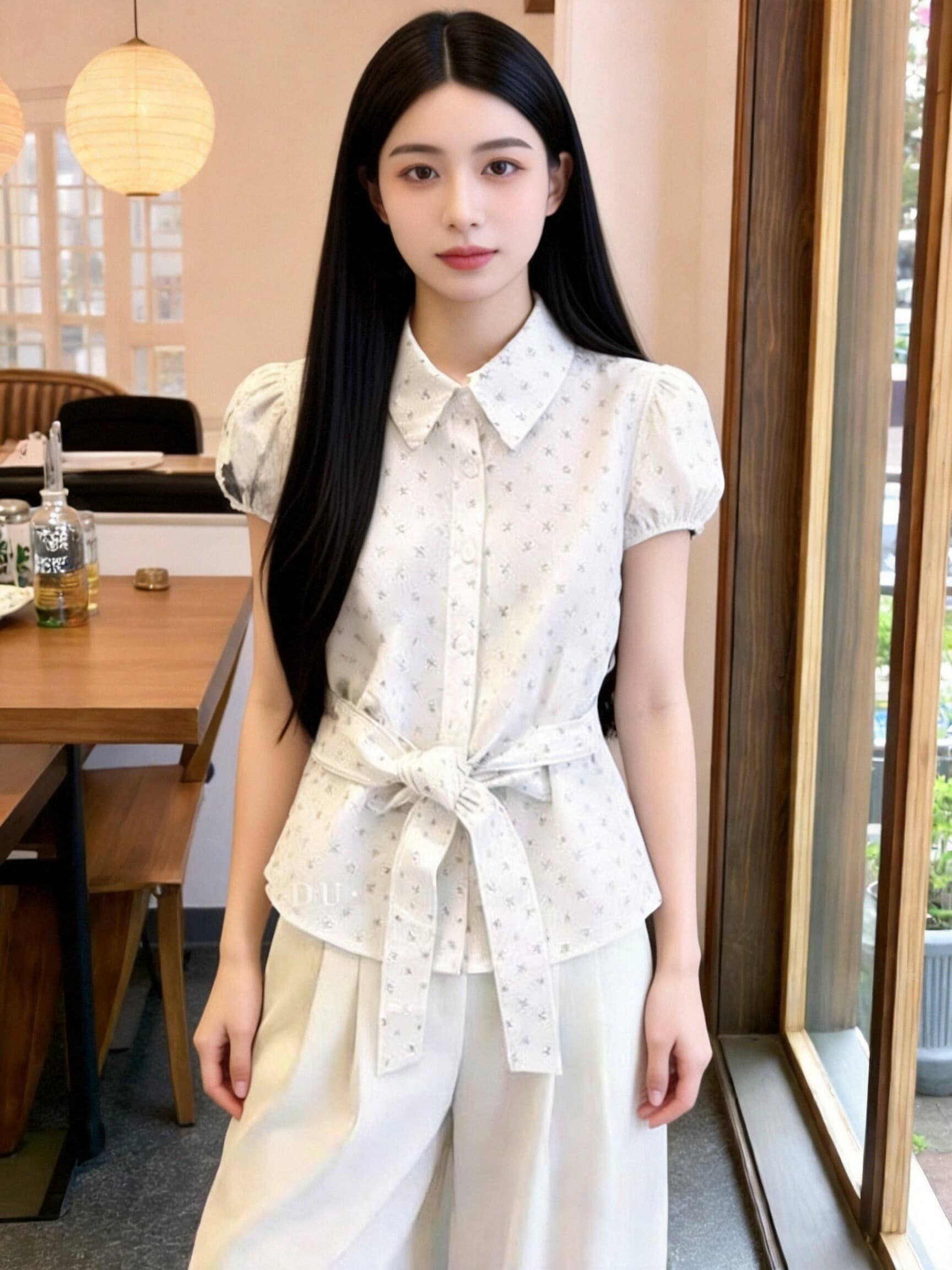 허리 수축 레이스업 거품 소매 셔츠 맨위 여성 이미지 4