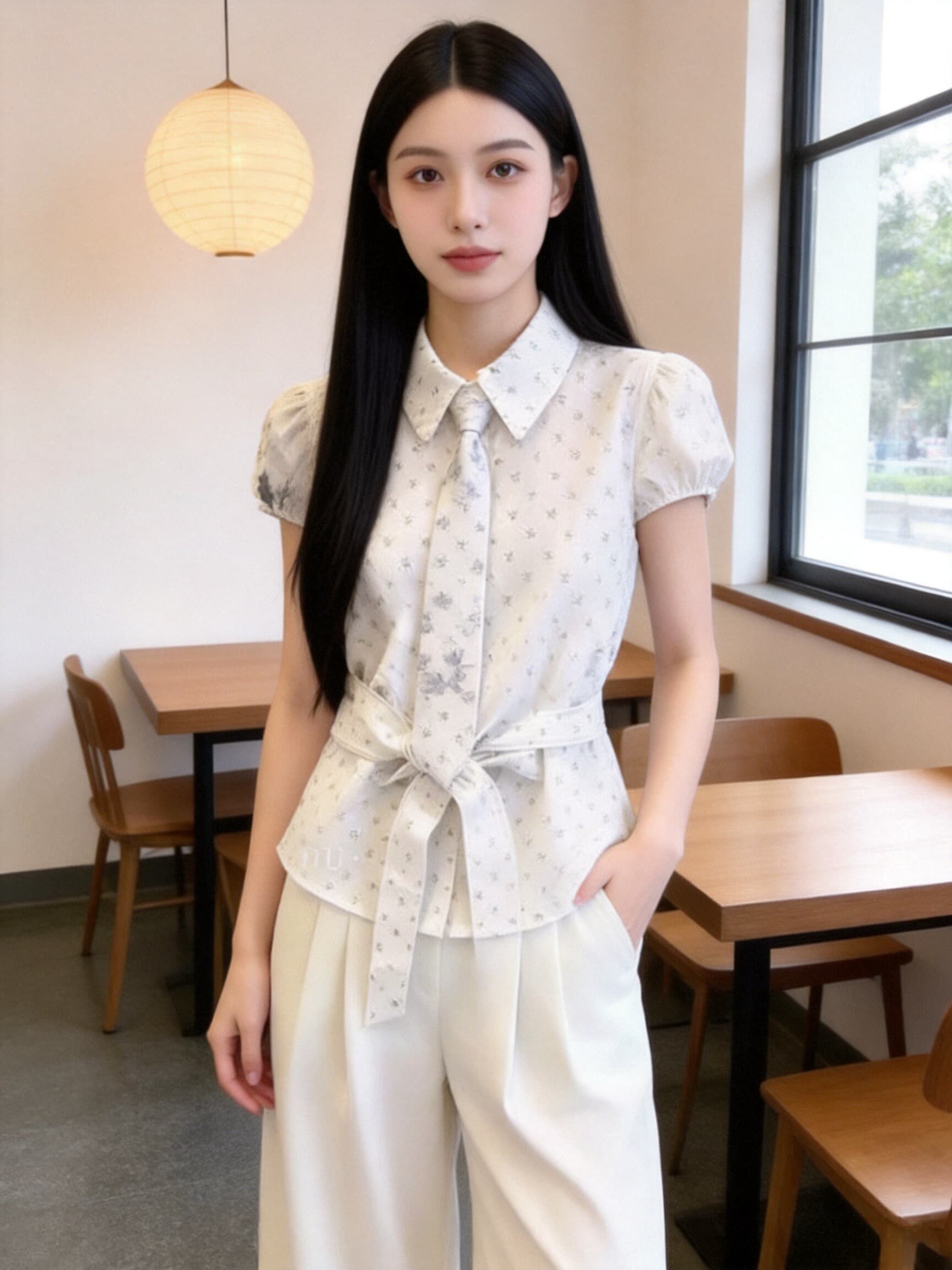 허리 수축 레이스업 거품 소매 셔츠 맨위 여성 이미지 3