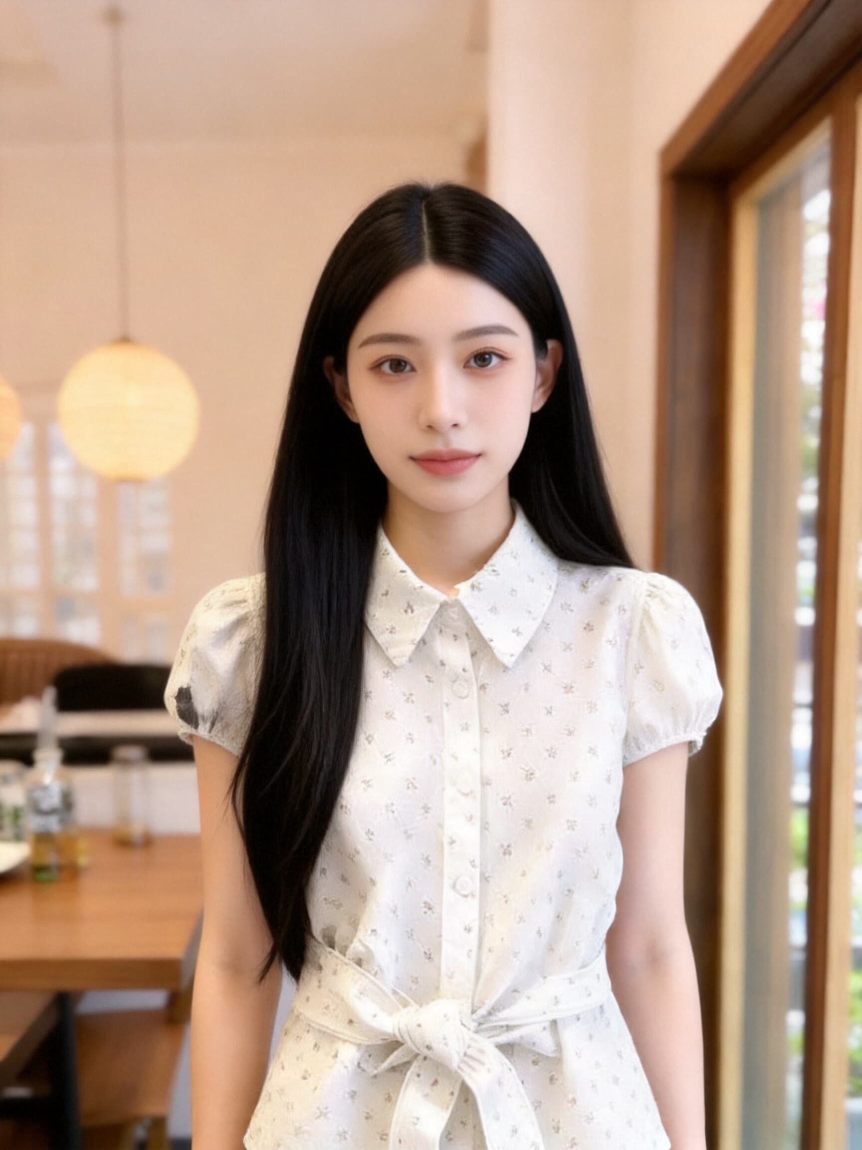 허리 수축 레이스업 거품 소매 셔츠 맨위 여성 상세 이미지 4
