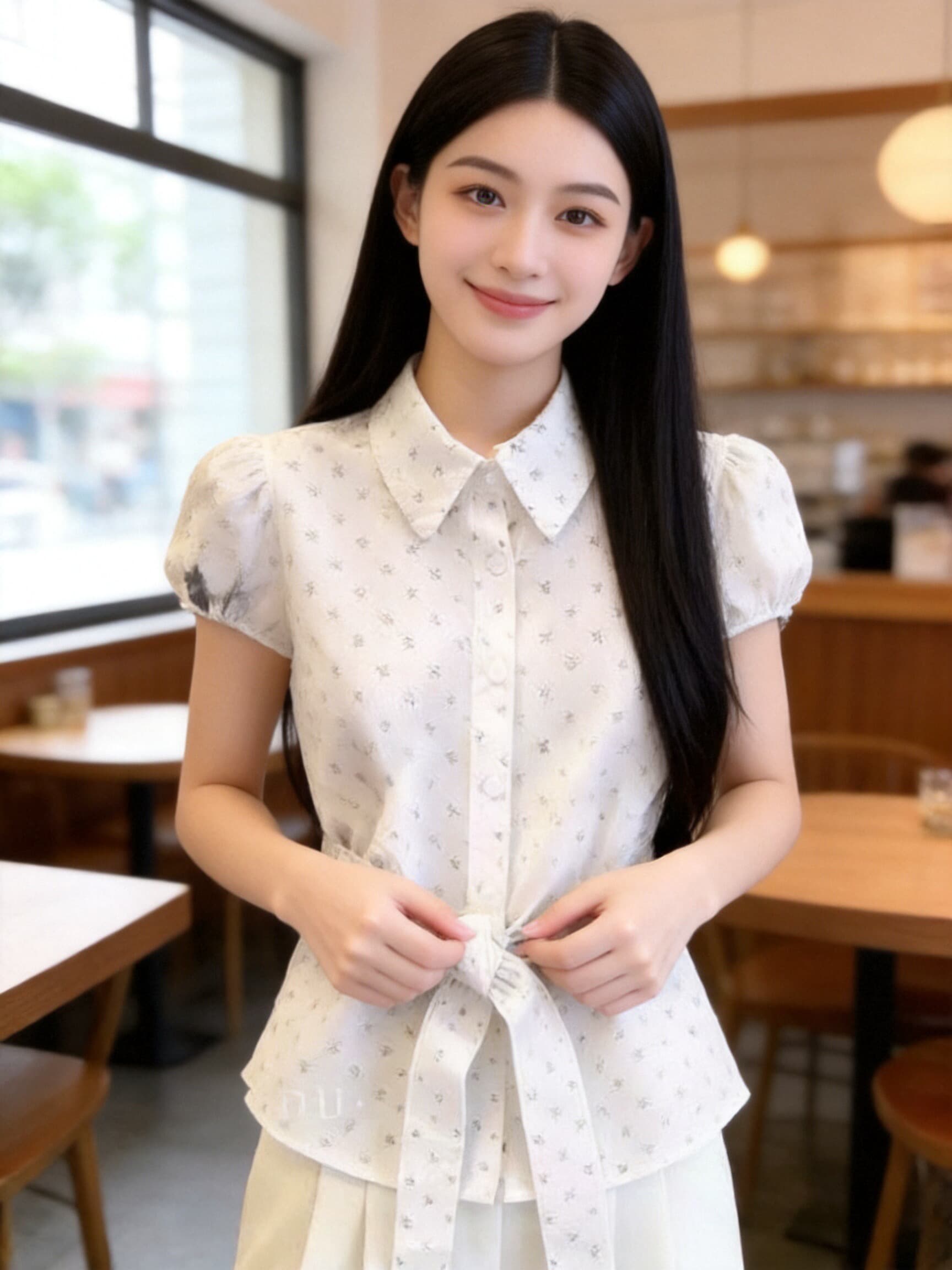 허리 수축 레이스업 거품 소매 셔츠 맨위 여성 상세 이미지 6