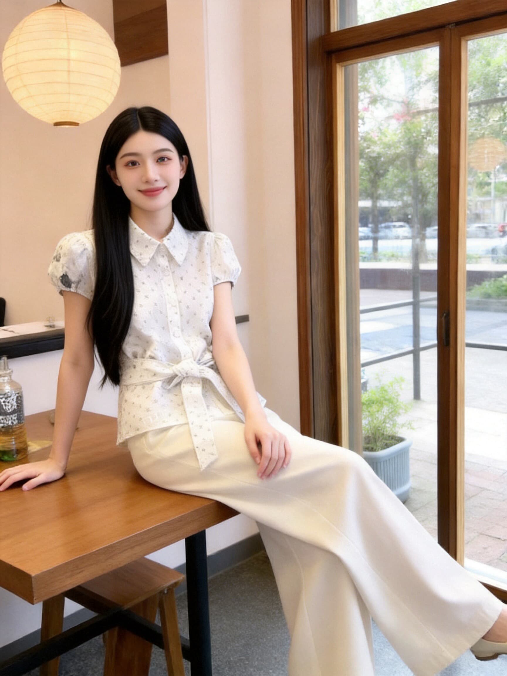 허리 수축 레이스업 거품 소매 셔츠 맨위 여성 상세 이미지 8