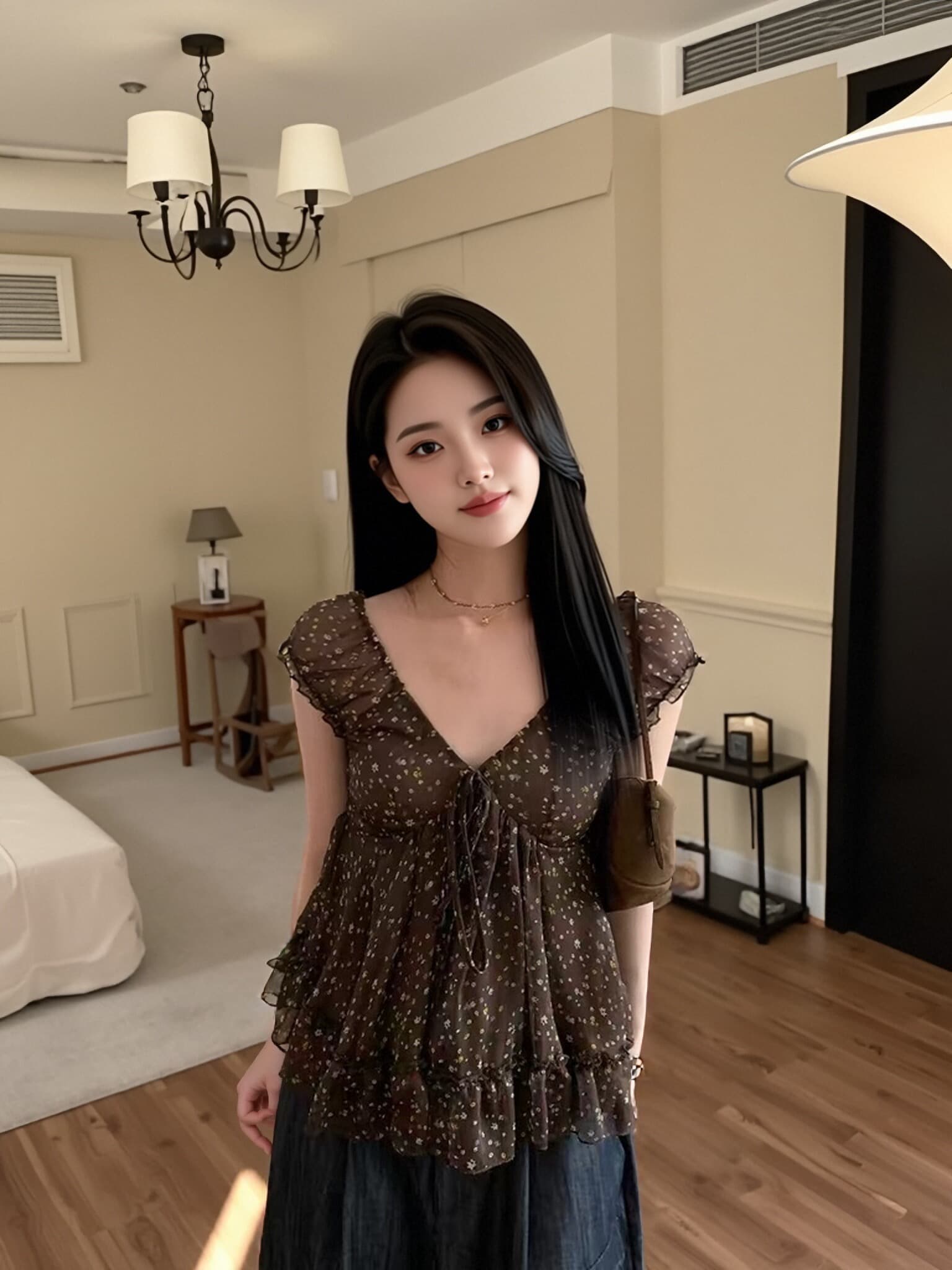 V넥 꽃무늬 작은 셔츠 여성 레이스업 맨위 여성 상세 이미지 2