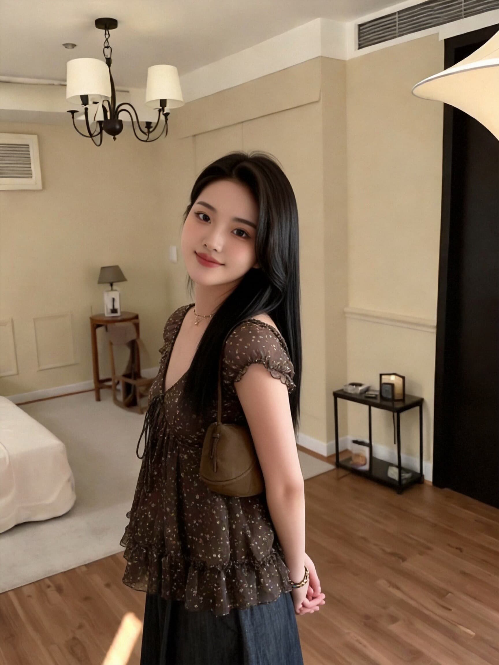 V넥 꽃무늬 작은 셔츠 여성 레이스업 맨위 여성 상세 이미지 6
