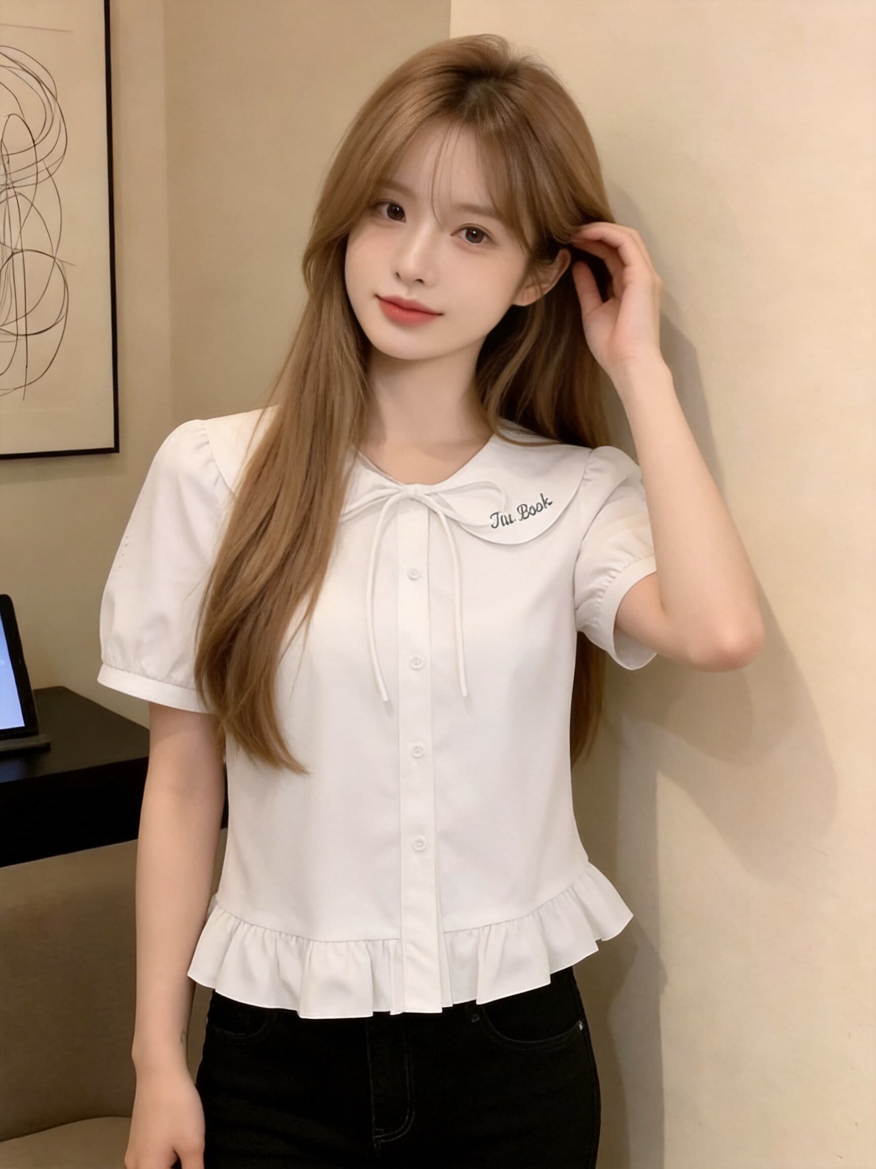 자수 베이비 칼라 레이스업 셔츠