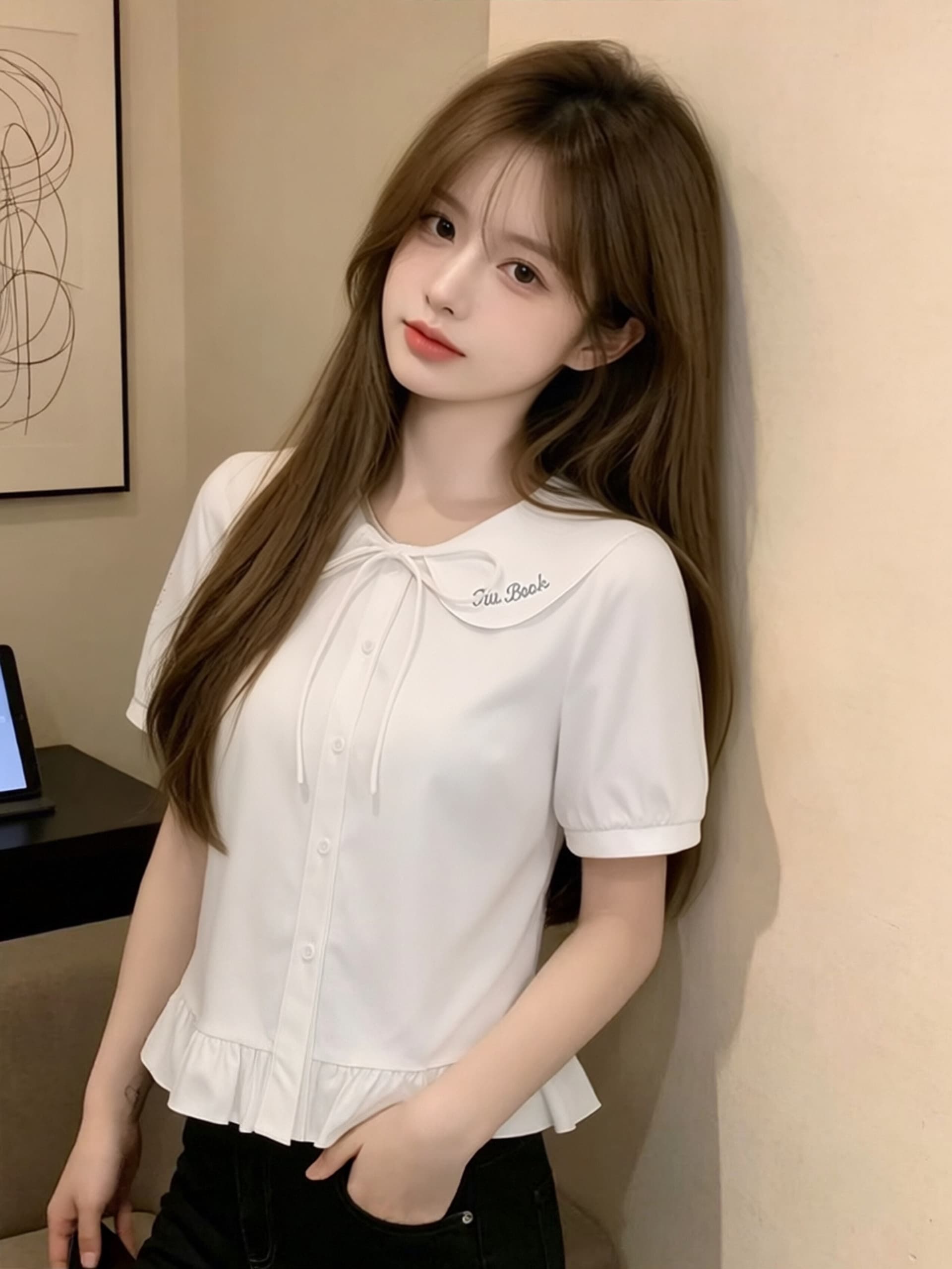 자수 베이비 칼라 레이스업 셔츠 이미지 3