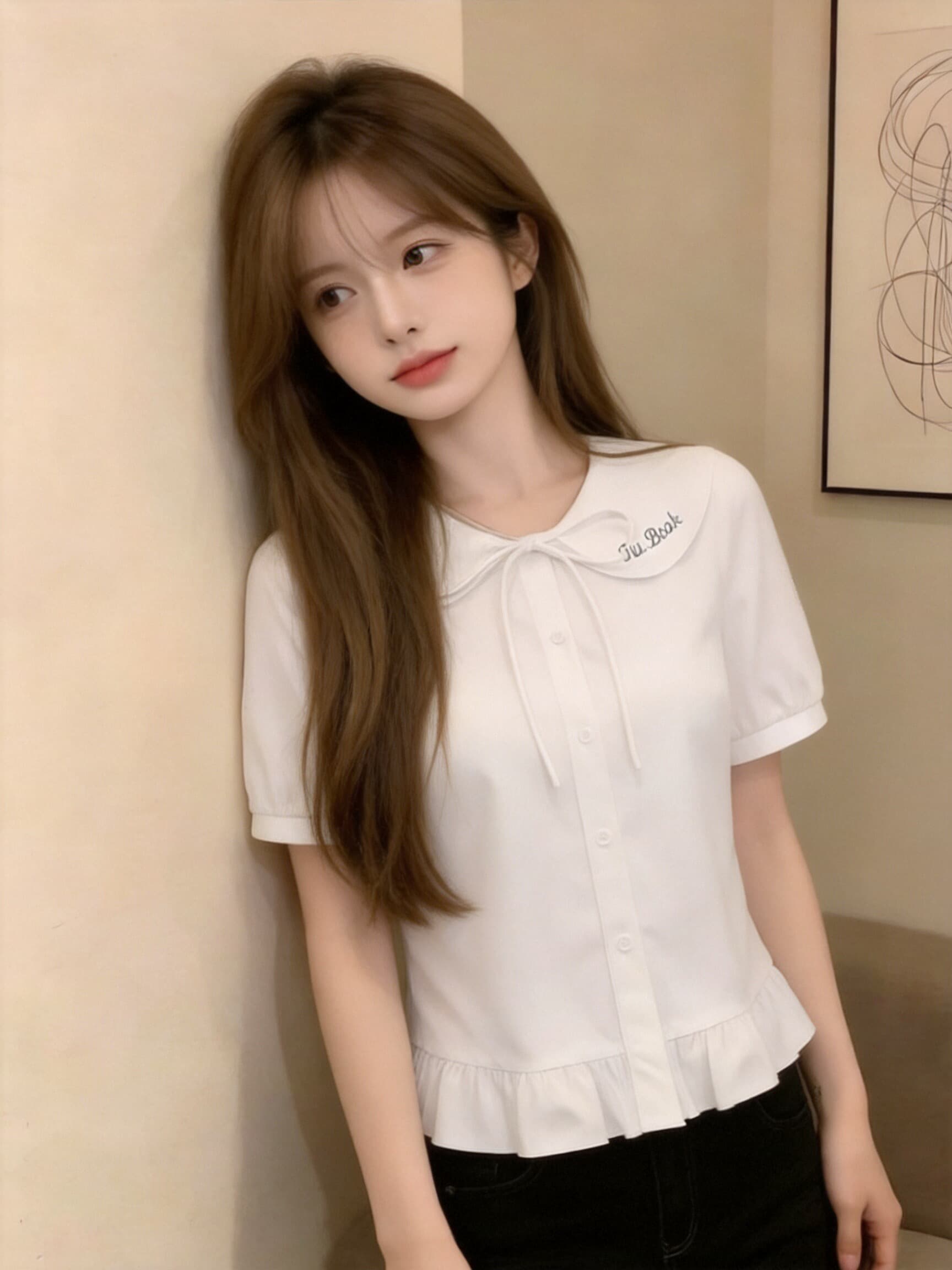 자수 베이비 칼라 레이스업 셔츠 이미지 2