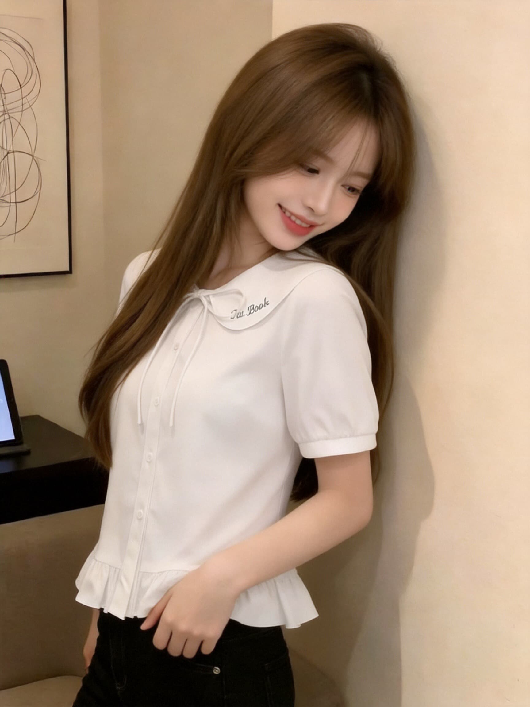 자수 베이비 칼라 레이스업 셔츠 상세 이미지 4
