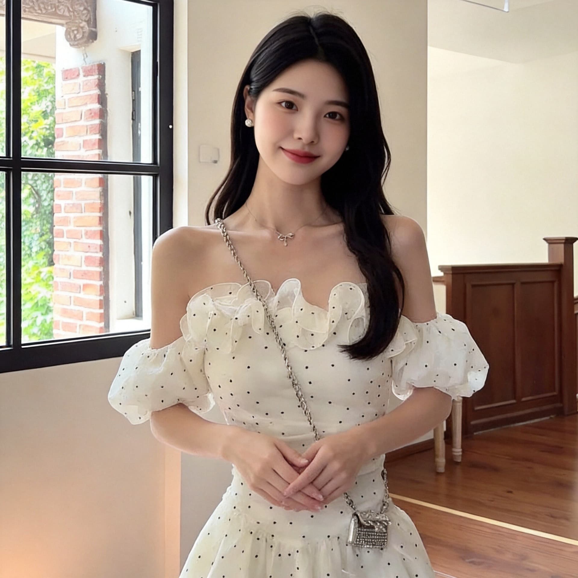 프릴 화이트 도트 무늬 오프숄더 여성 드레스 상세 이미지 4