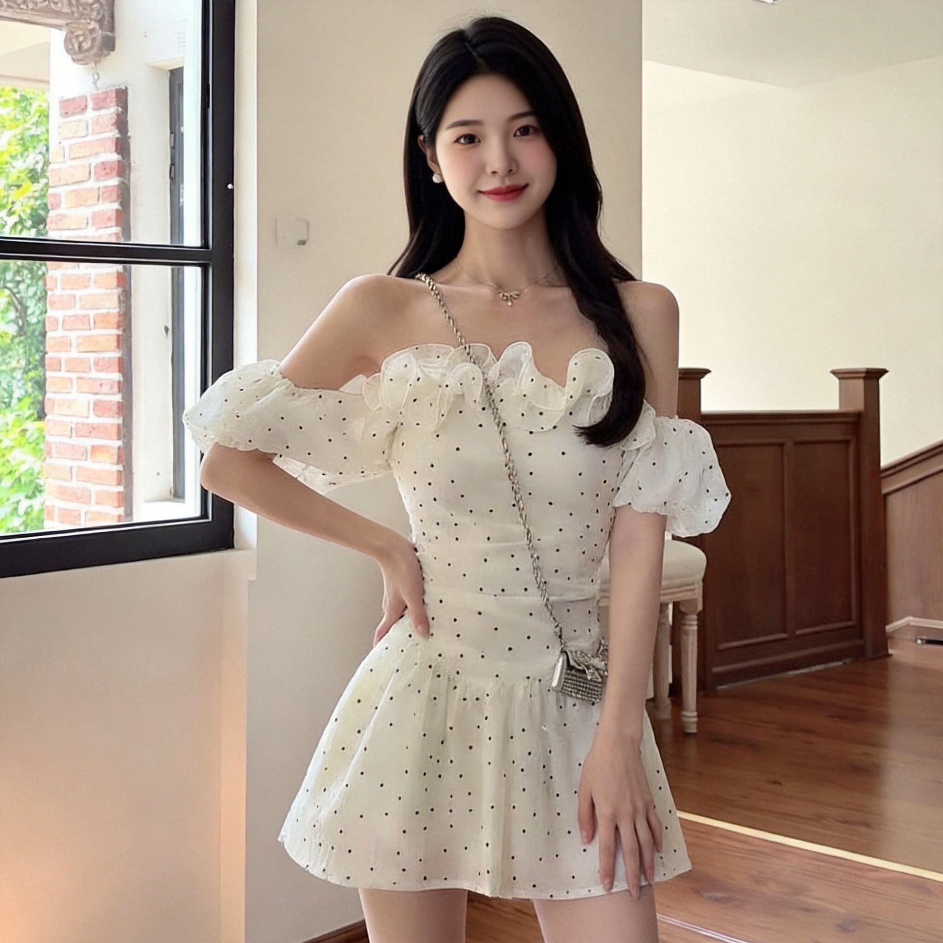 프릴 화이트 도트 무늬 오프숄더 여성 드레스 상세 이미지 8