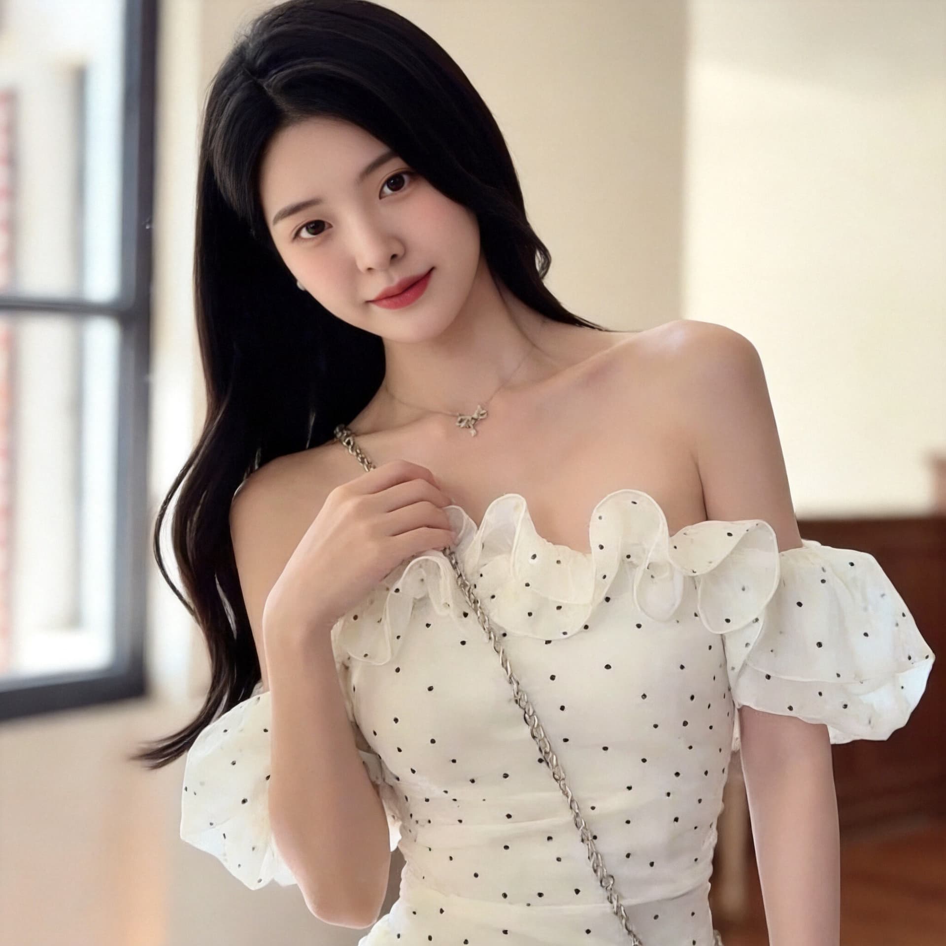 프릴 화이트 도트 무늬 오프숄더 여성 드레스 상세 이미지 9