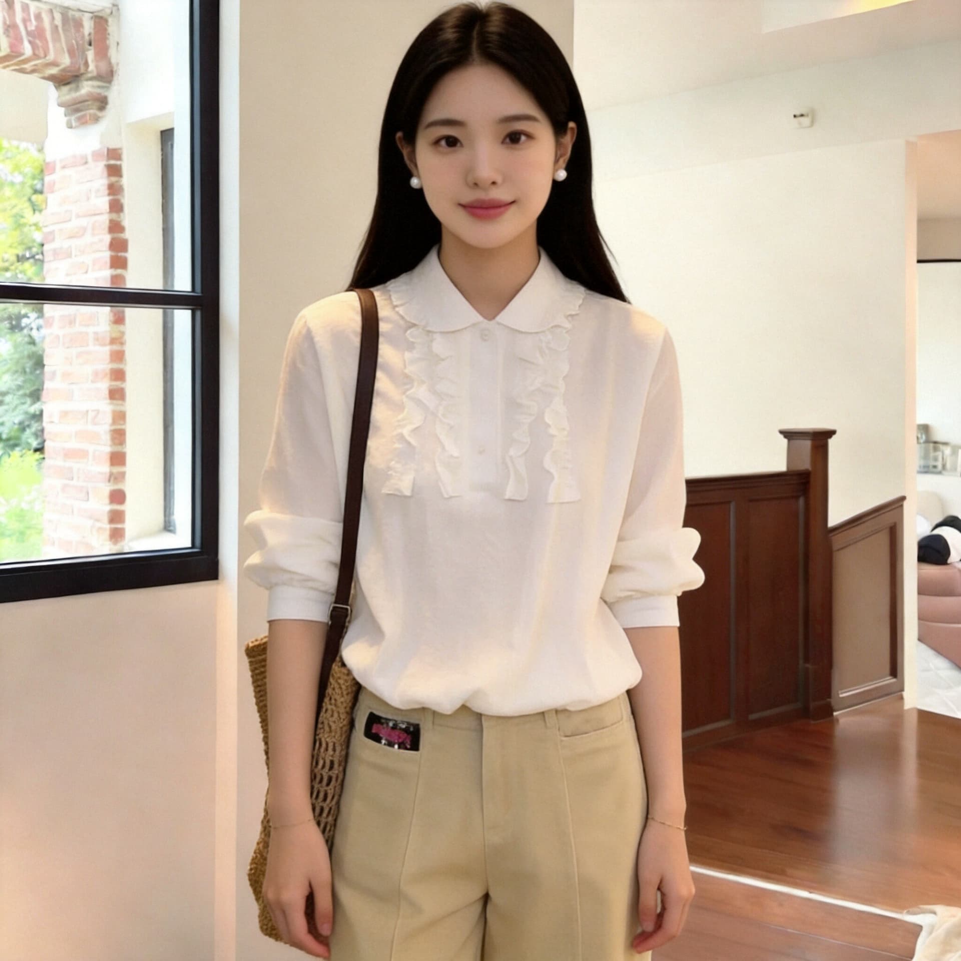가을 프릴 패치워크 화이트 꽃밭 여성 셔츠 이미지 2