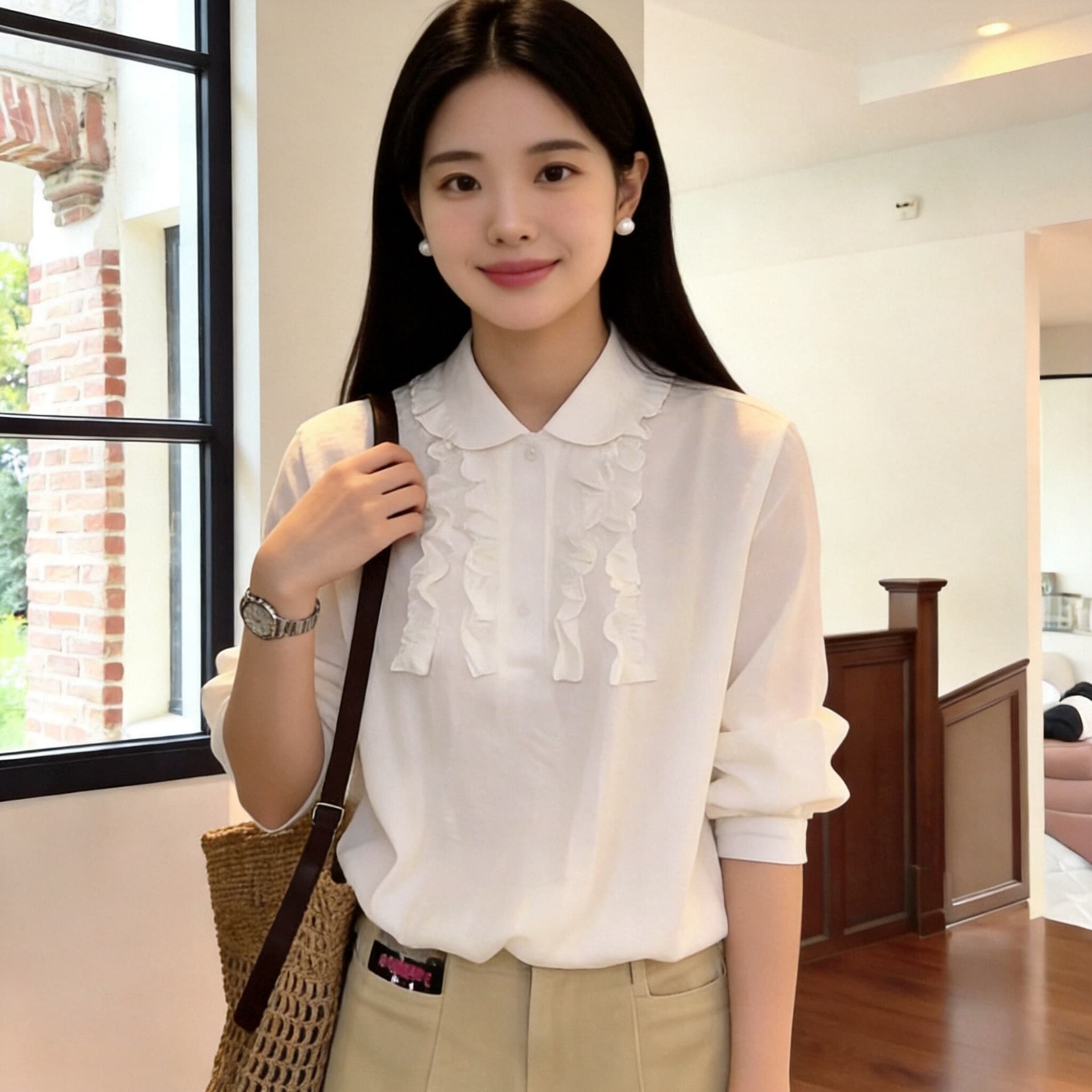 가을 프릴 패치워크 화이트 꽃밭 여성 셔츠 이미지 3
