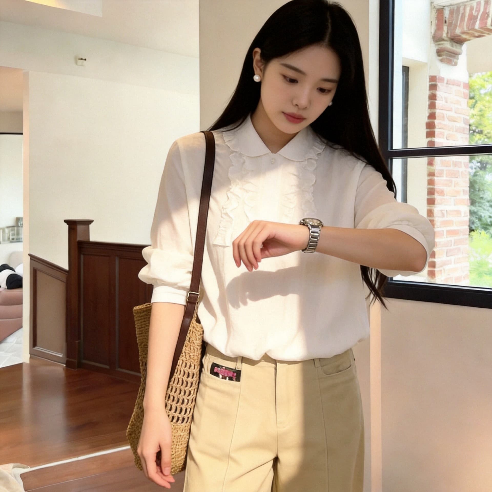 가을 프릴 패치워크 화이트 꽃밭 여성 셔츠 이미지 4
