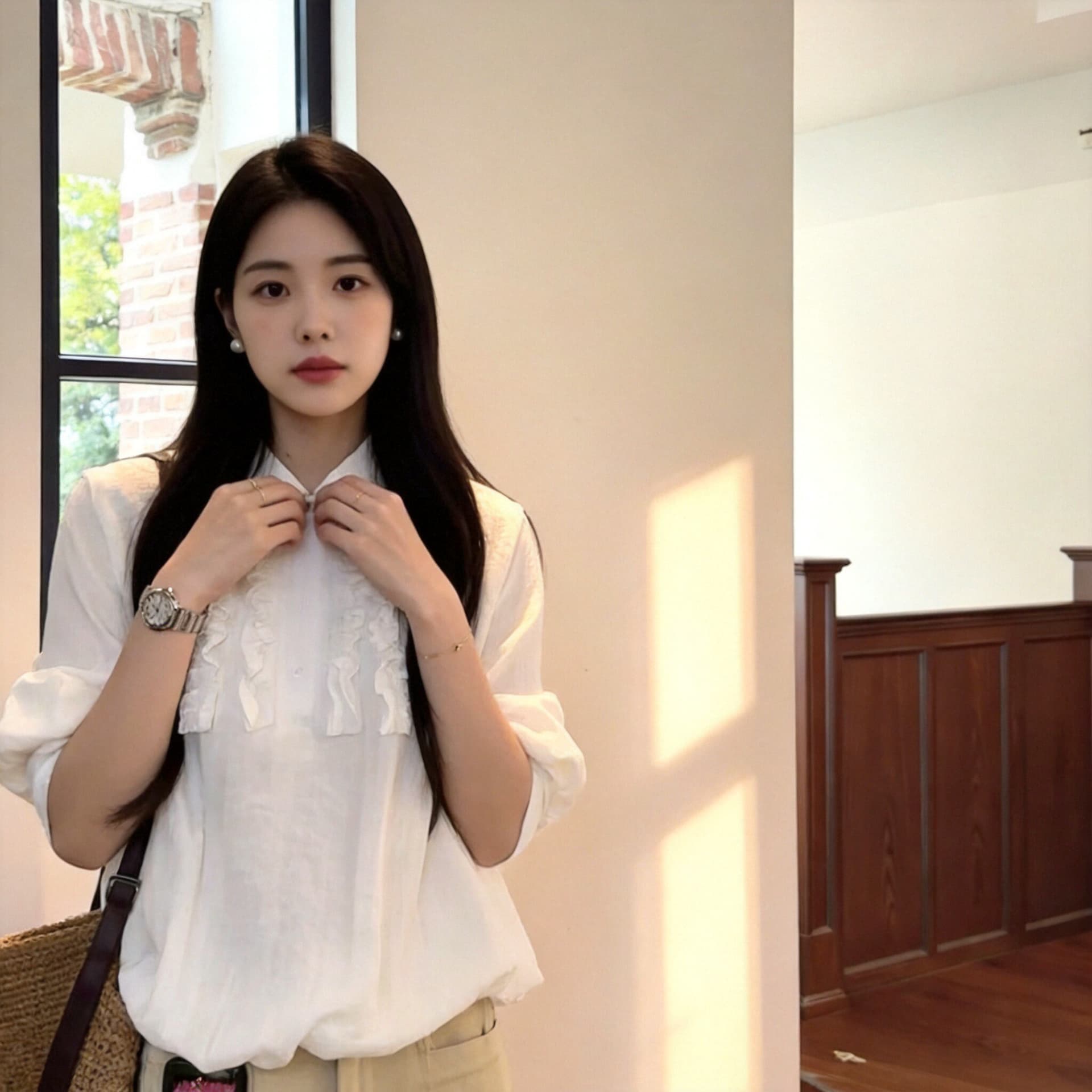 가을 프릴 패치워크 화이트 꽃밭 여성 셔츠 상세 이미지 4